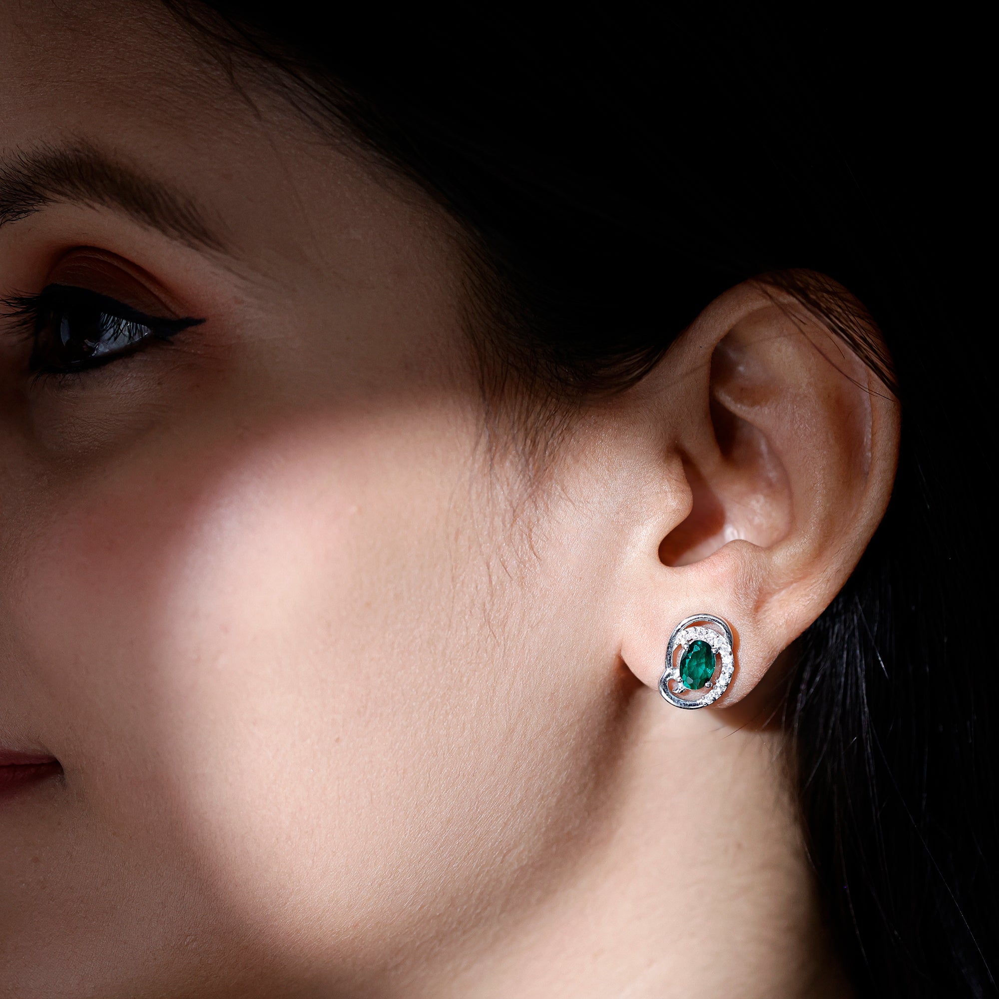Oval Shaped 1.7 Carat Lab Grown Emerald Designer Earrings in Sterling Silver