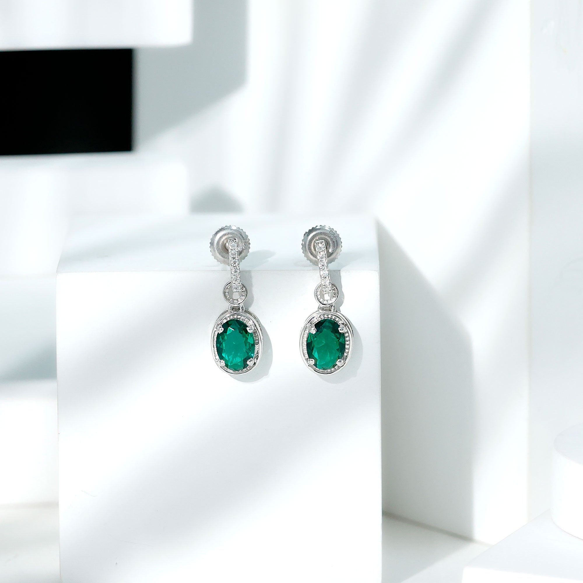 Vintage Inspired 2.5 Carat Oval Lab Emerald Drop Earrings in Silver