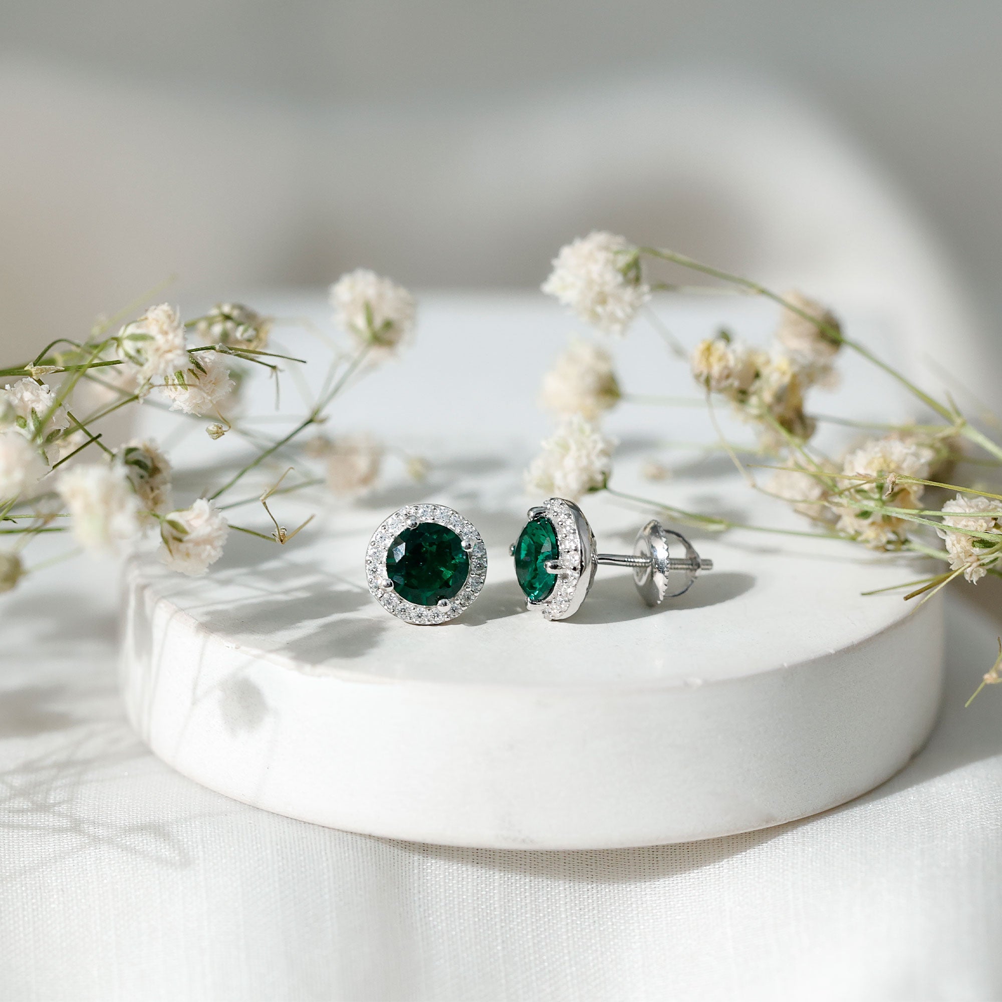 Certified 1.6 Carat Lab Created Emerald and Moissanite Halo Stud Earrings