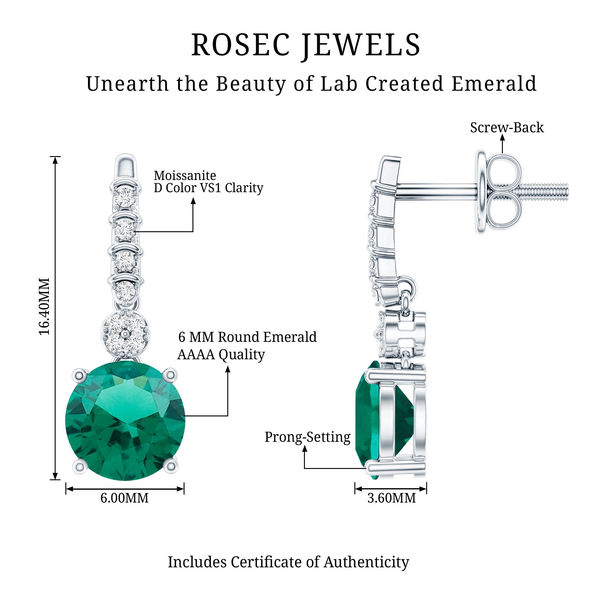 Sterling Silver 1.6 Carat Lab Grown Emerald Drop Earrings with Moissanite