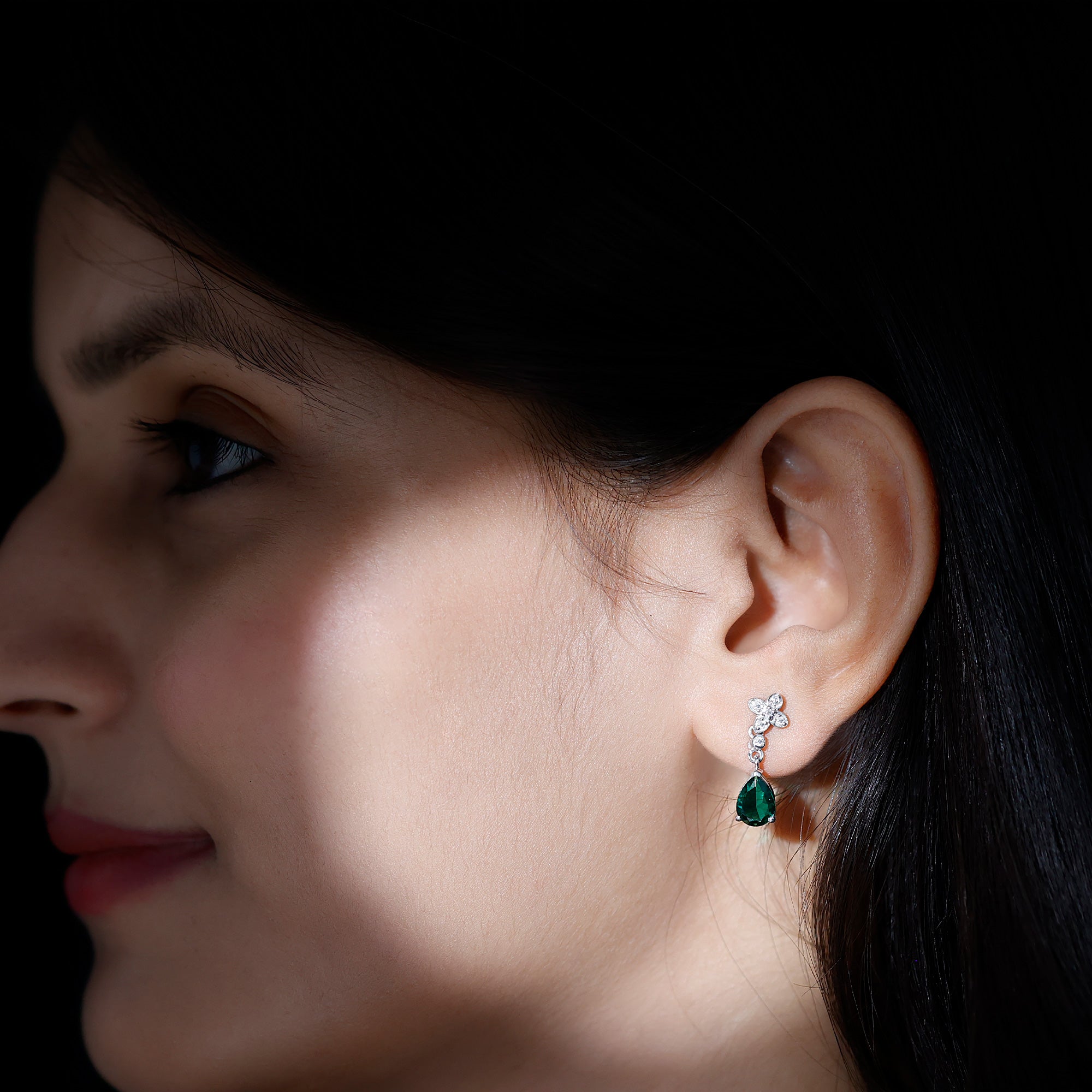 Sterling Silver 2 Carat Lab Grown Emerald Drop Earrings with Moissanite