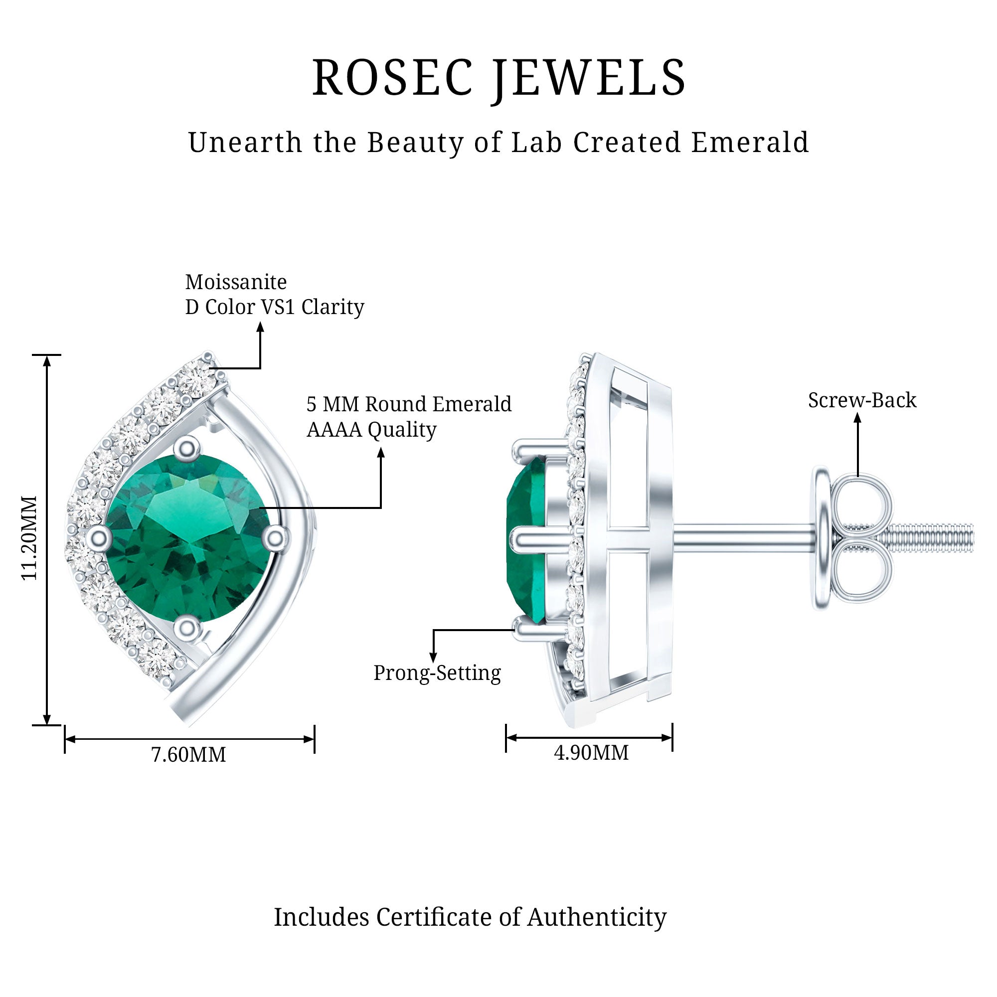 Sterling Silver 1 Carat Lab Grown Emerald Stud Earrings with Moissanite