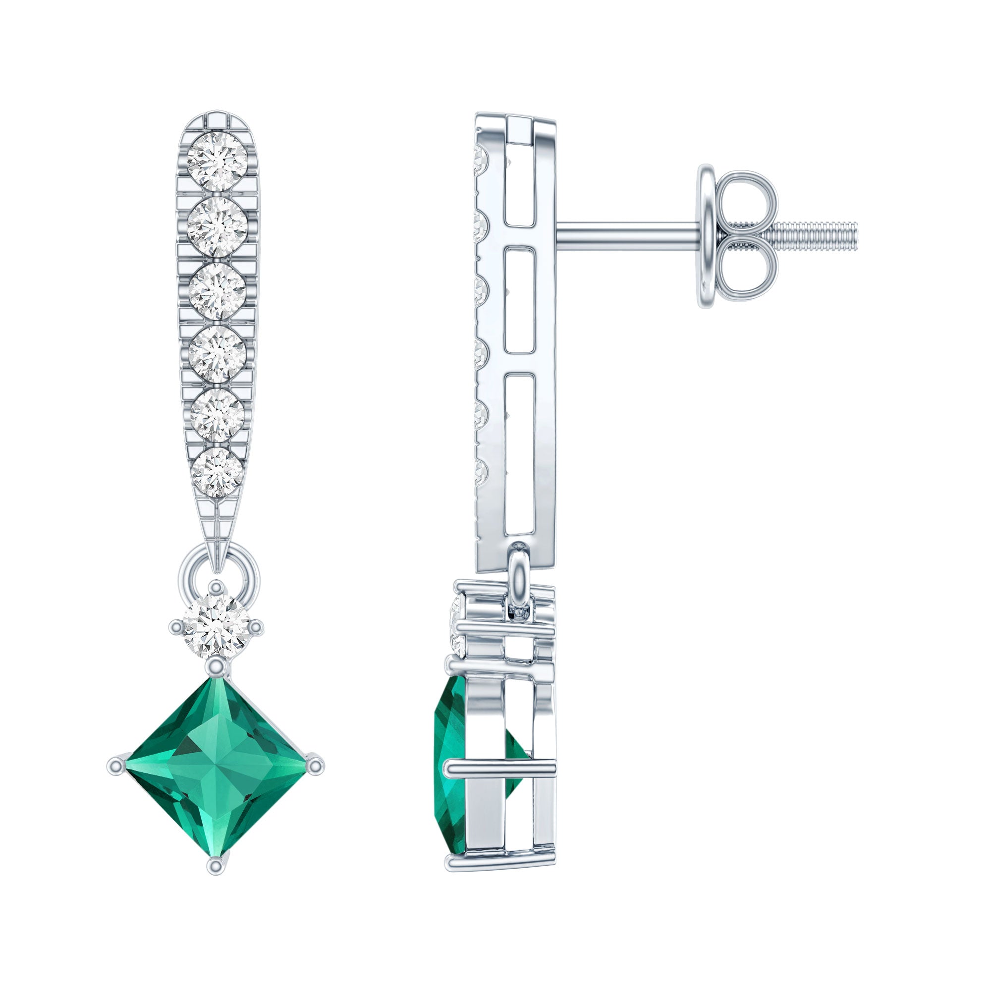 Princess Cut 0.7 Carat Lab Grown Emerald Drop Earrings with Moissanite