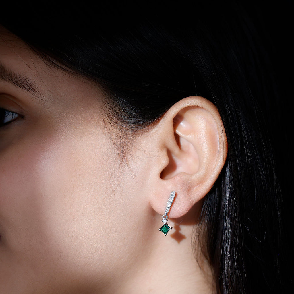 Princess Cut 0.7 Carat Lab Grown Emerald Drop Earrings with Moissanite
