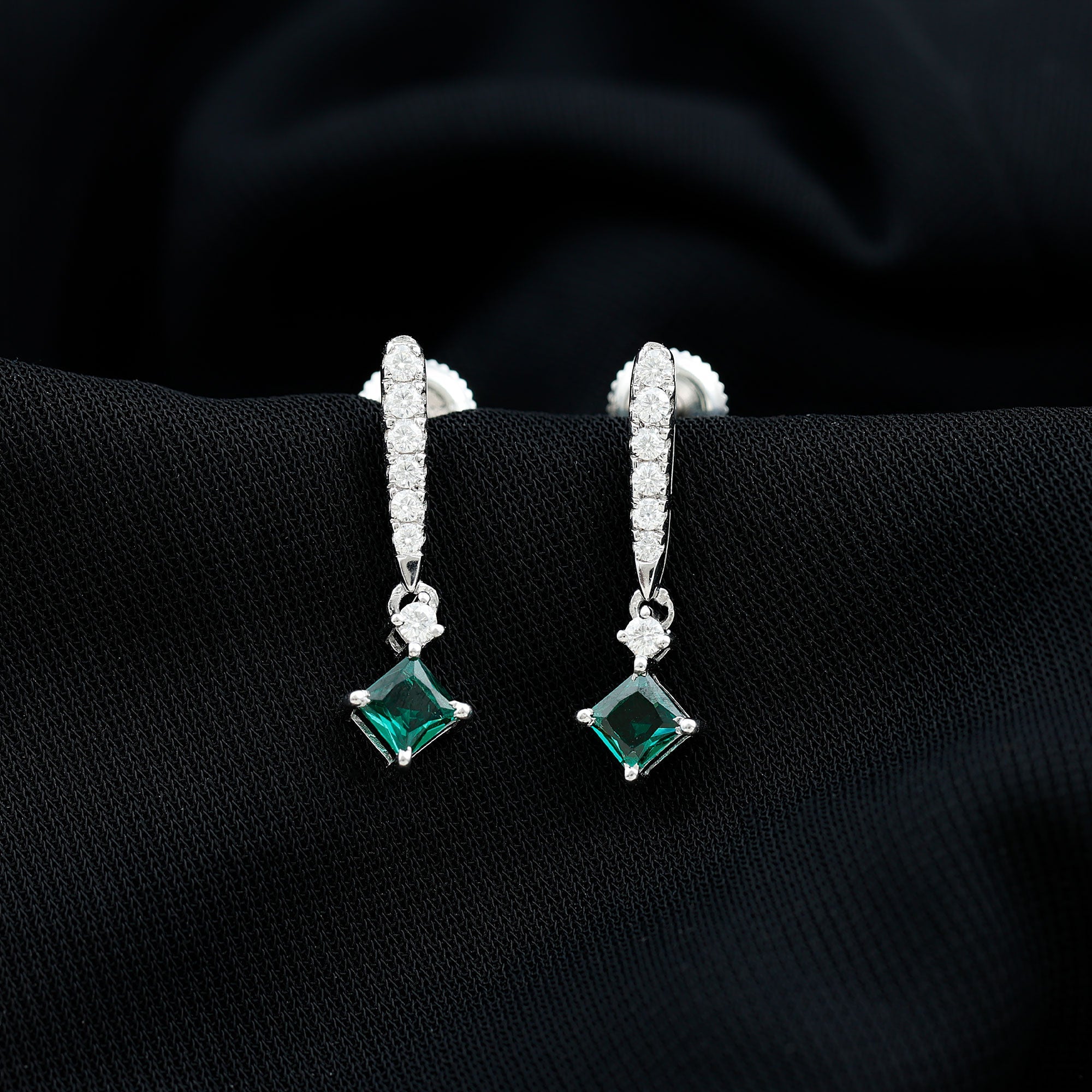 Princess Cut 0.7 Carat Lab Grown Emerald Drop Earrings with Moissanite