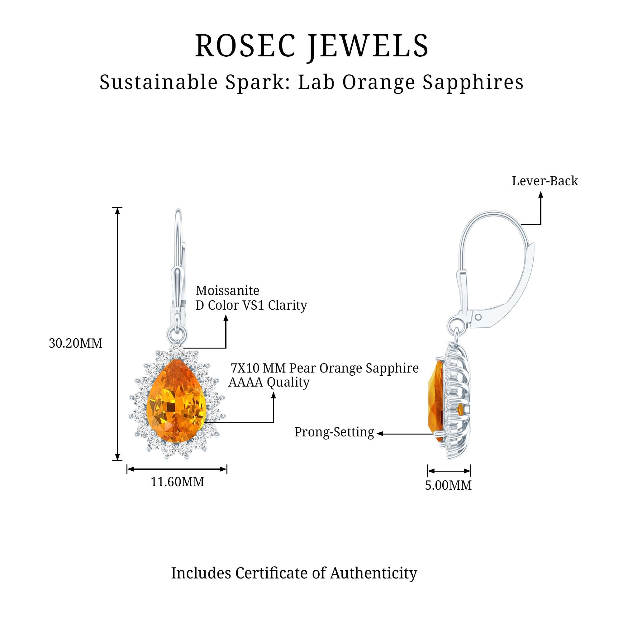 5 Carat Lab Grown Orange Sapphire Teardrop Earrings With Moissanite Halo Accents