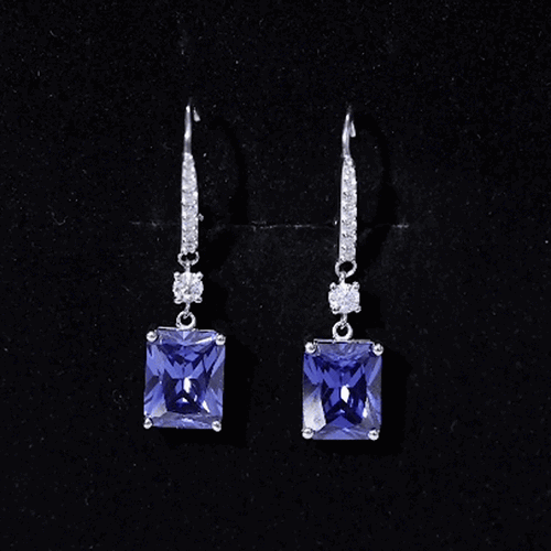 5.5 Carat Emerald Cut Lab Grown Blue Sapphire Drop Earrings in Silver