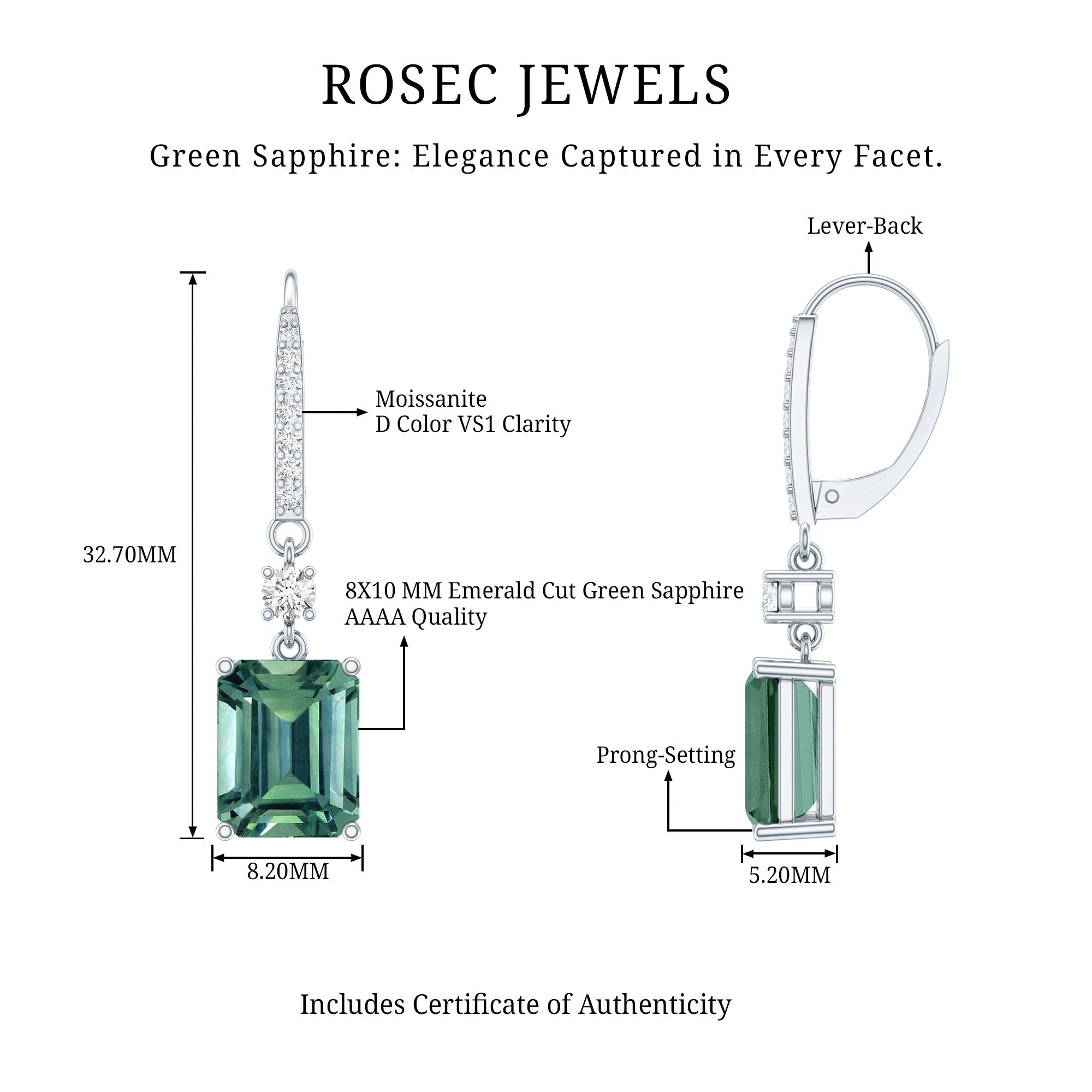 5.5 Carat Emerald Cut Lab Grown Green Sapphire Drop Earrings in Silver