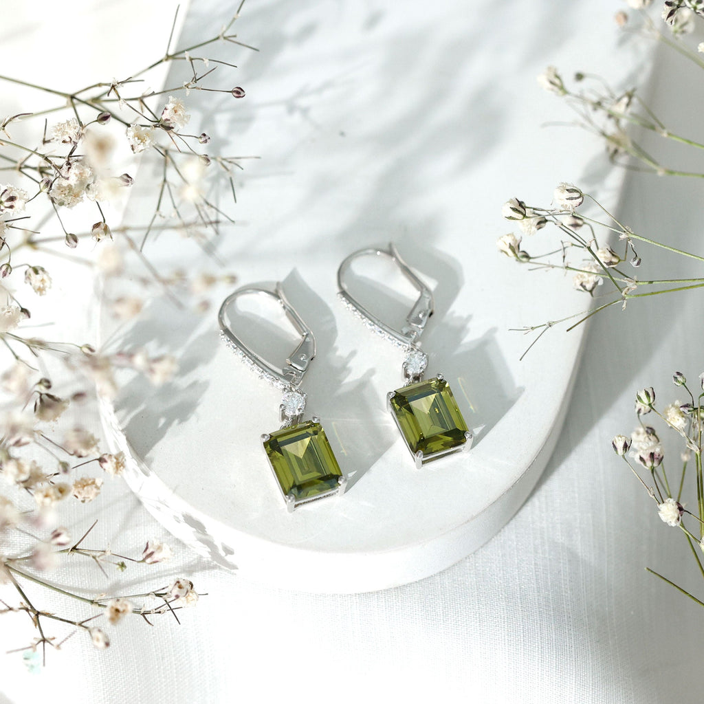 5.5 Carat Emerald Cut Lab Grown Green Sapphire Drop Earrings in Silver