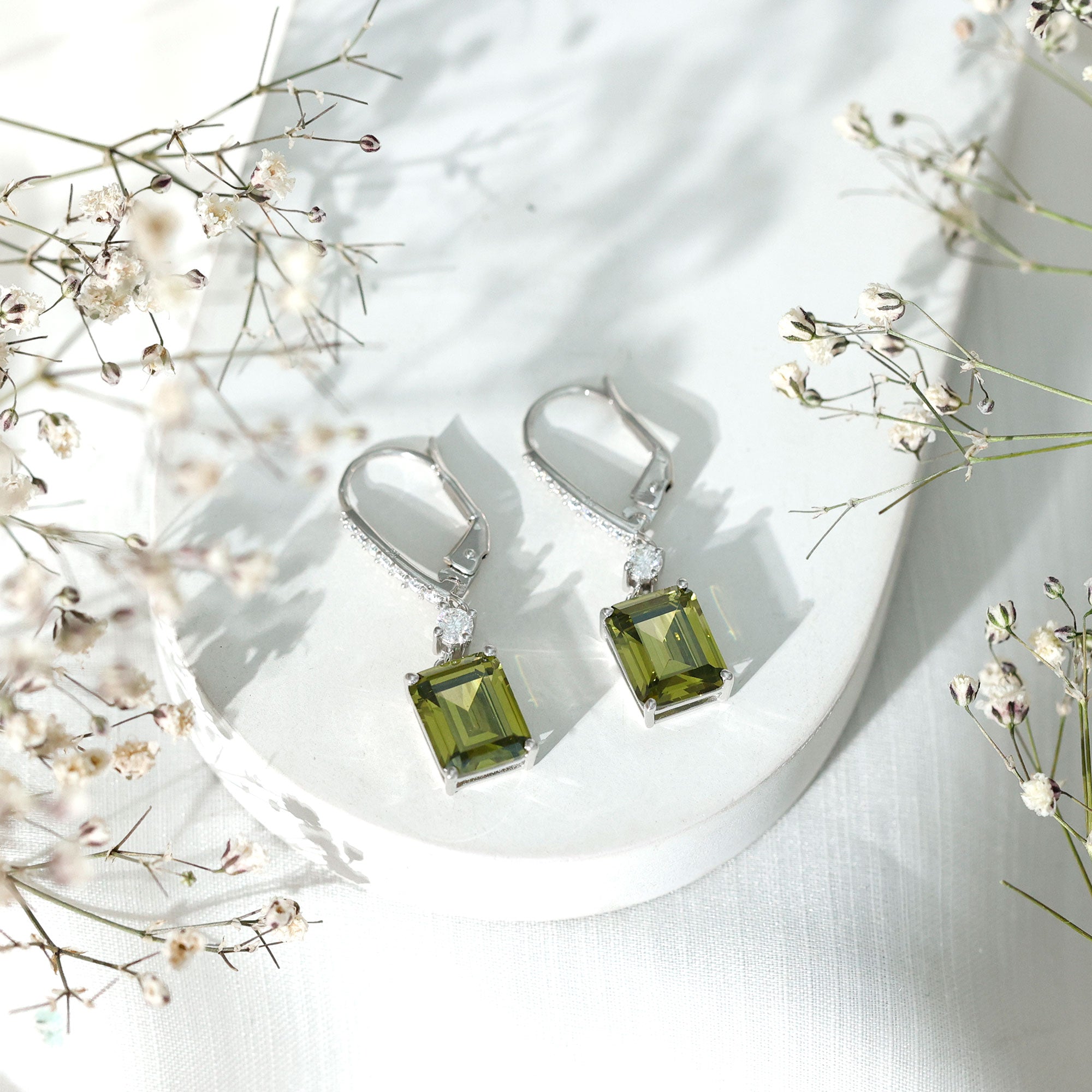 5.5 Carat Emerald Cut Lab Grown Green Sapphire Drop Earrings in Silver