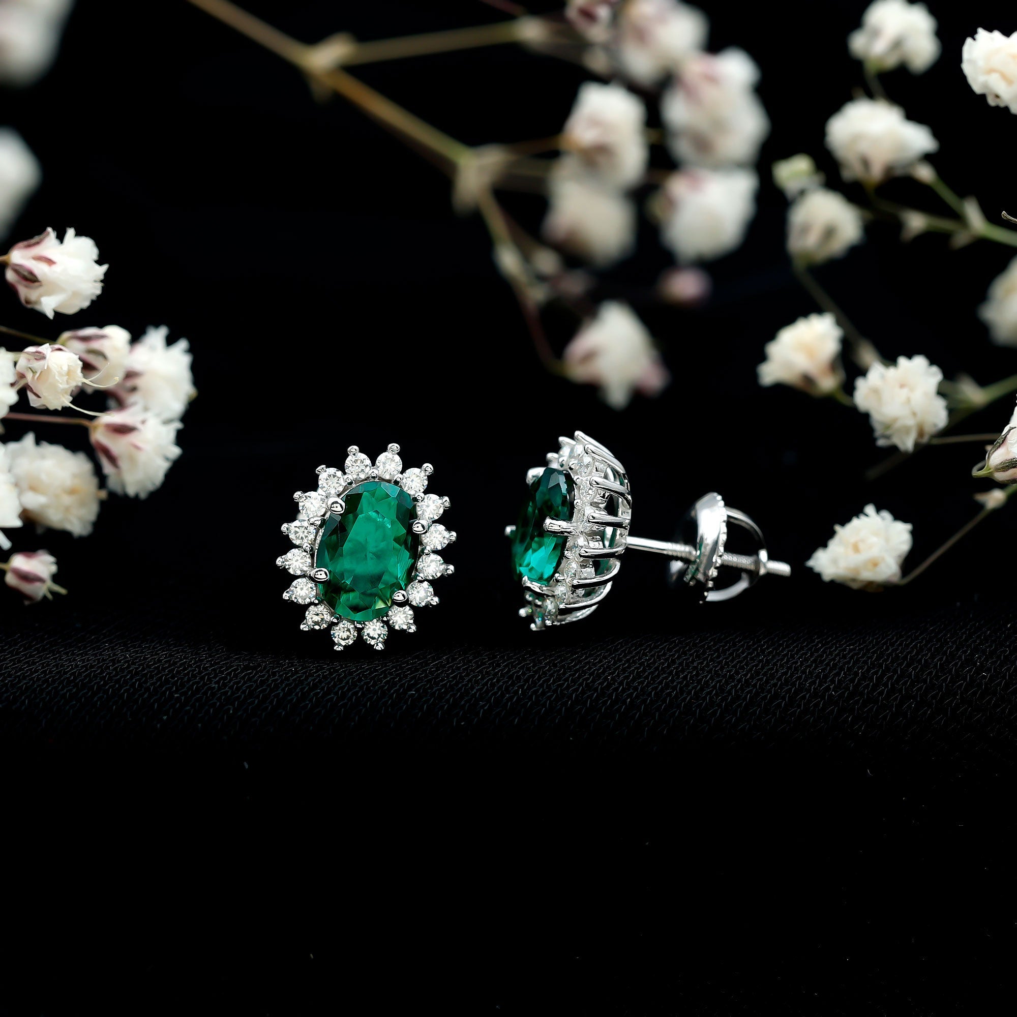 Silver 1.7 Carat Lab Grown Emerald Stud Earrings With Certificate