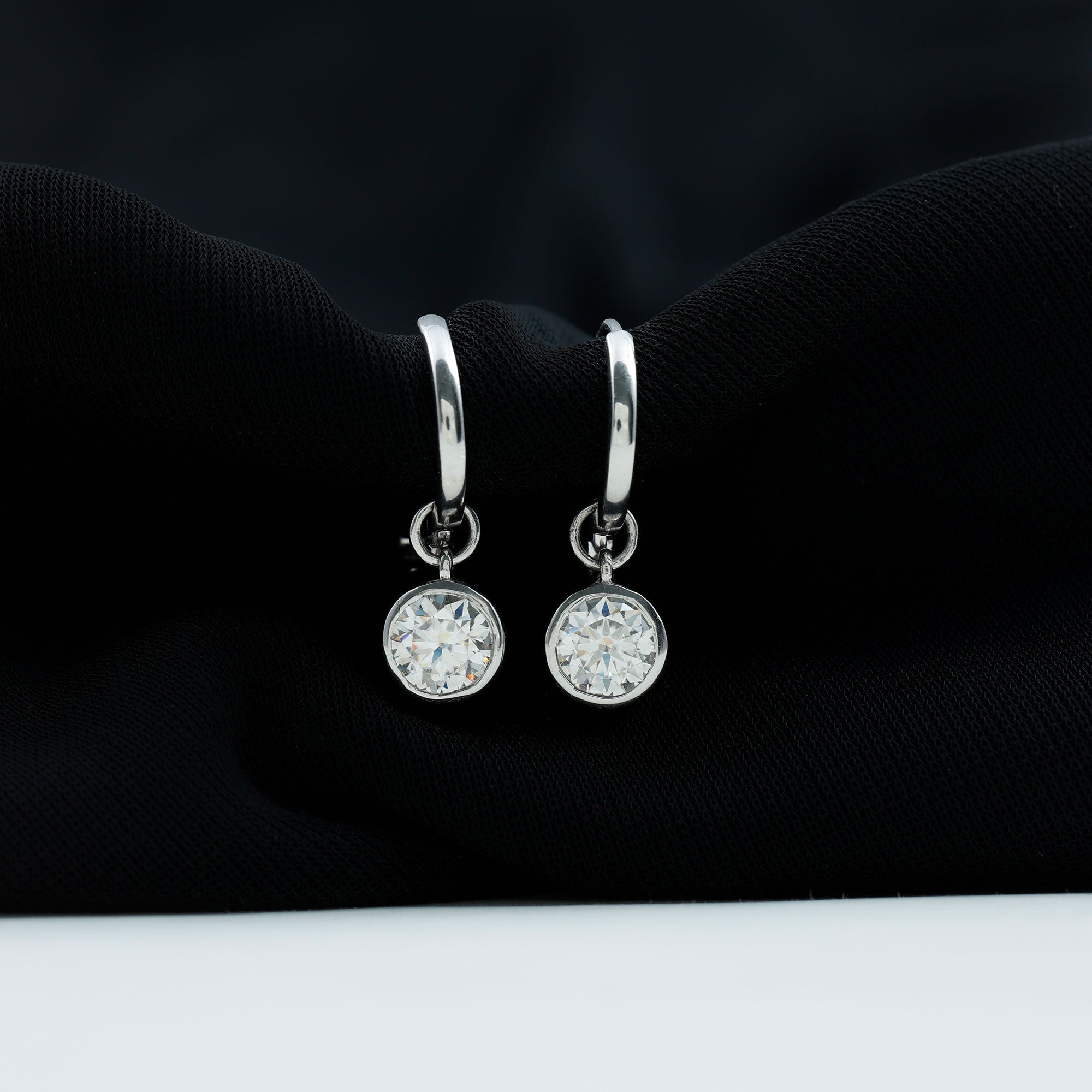 Bezel Set 2 Carat Round Moissanite Drop Hoop Earrings