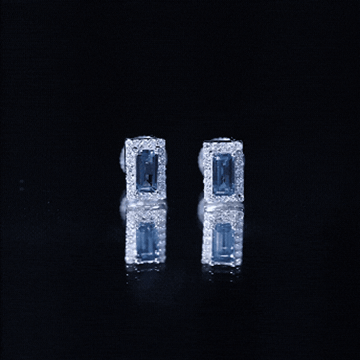 Natural Half Carat Baguette London Blue Topaz Stud Earrings with Diamond Halo