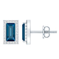 Pendientes de topacio azul de Londres talla baguette de medio quilate natural con halo de diamantes