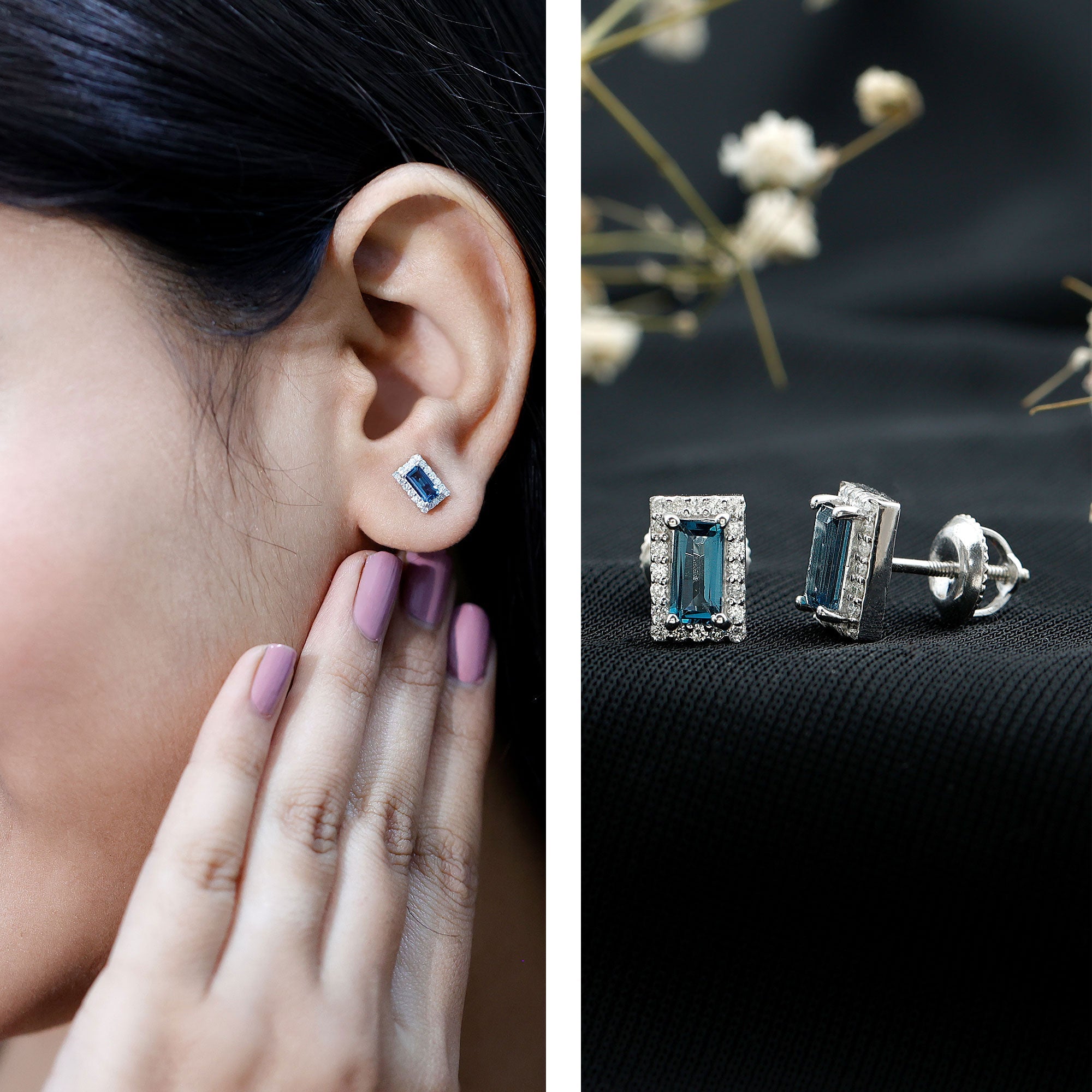 Natural Half Carat Baguette London Blue Topaz Stud Earrings with Diamond Halo