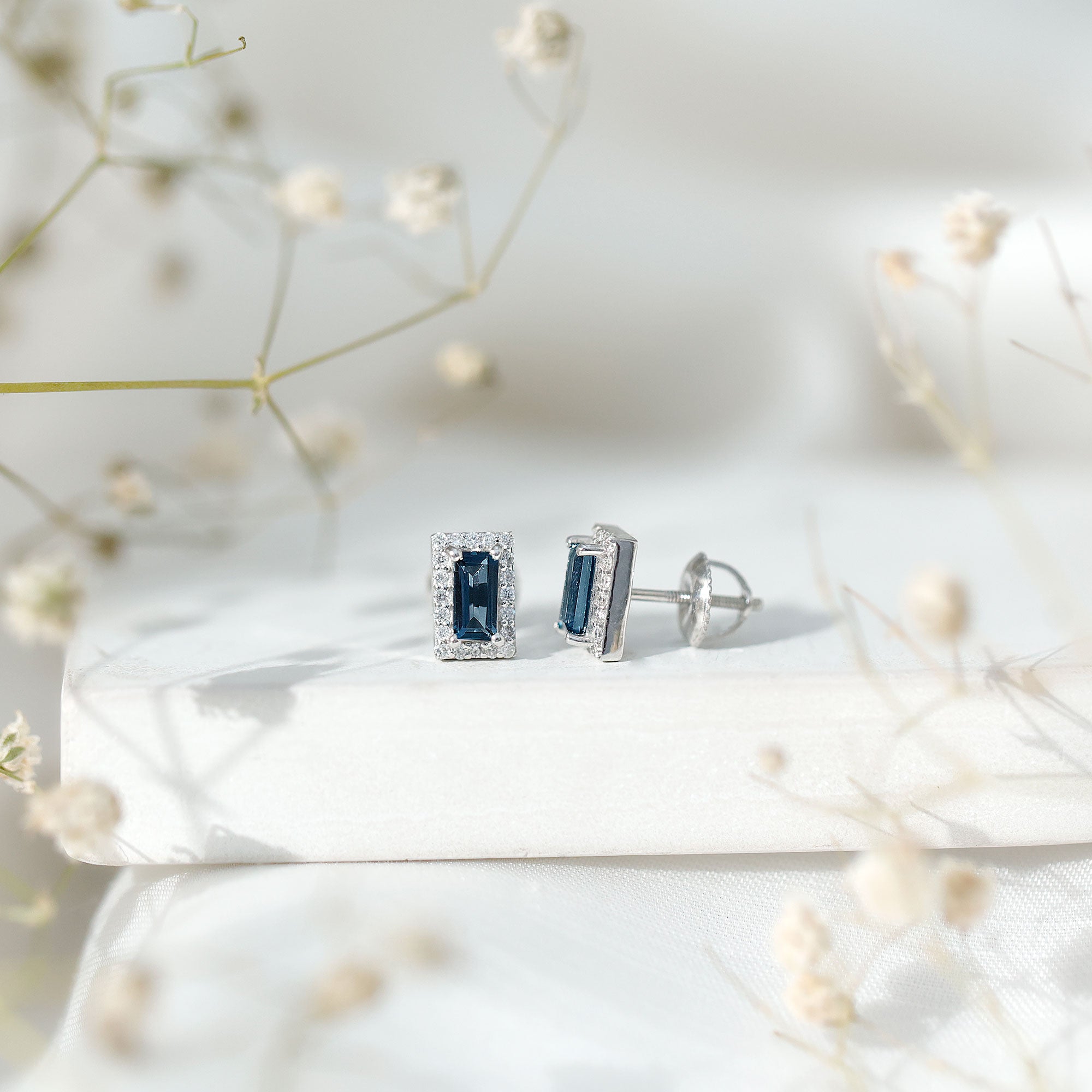 Natural Half Carat Baguette London Blue Topaz Stud Earrings with Diamond Halo