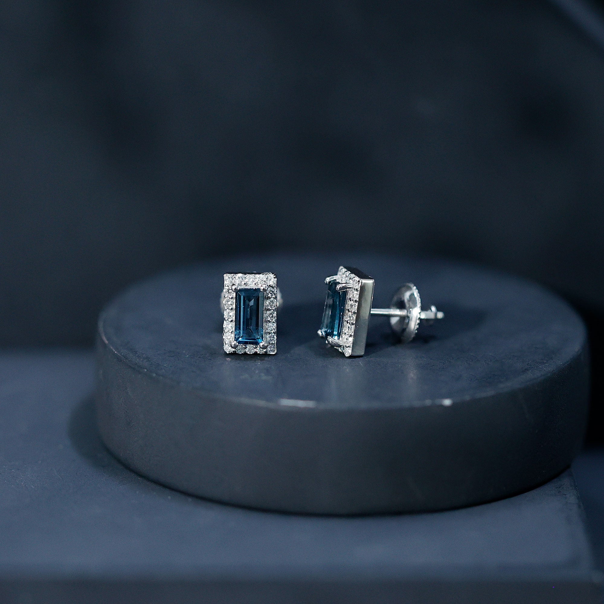 Natural Half Carat Baguette London Blue Topaz Stud Earrings with Diamond Halo