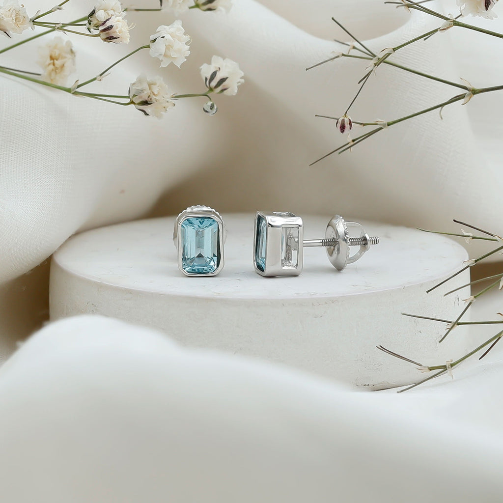 Sterling Silver 1.2 Carat Emerald Cut Aquamarine Stud Earrings