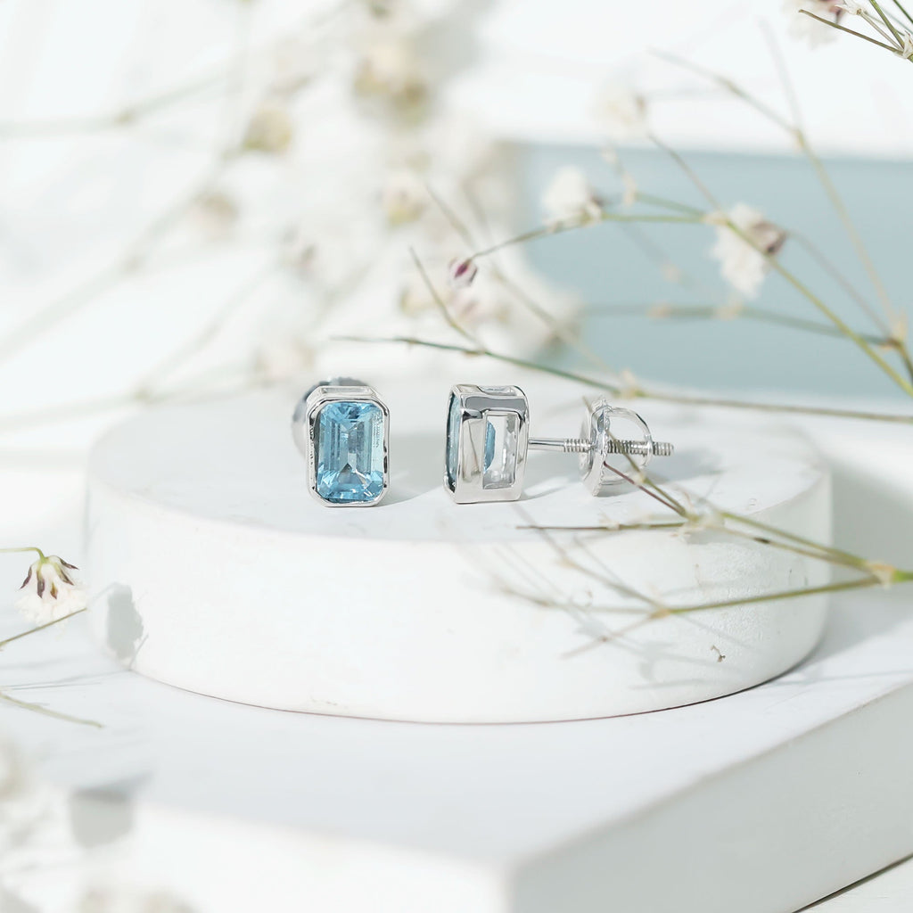 Sterling Silver 1.2 Carat Emerald Cut Aquamarine Stud Earrings