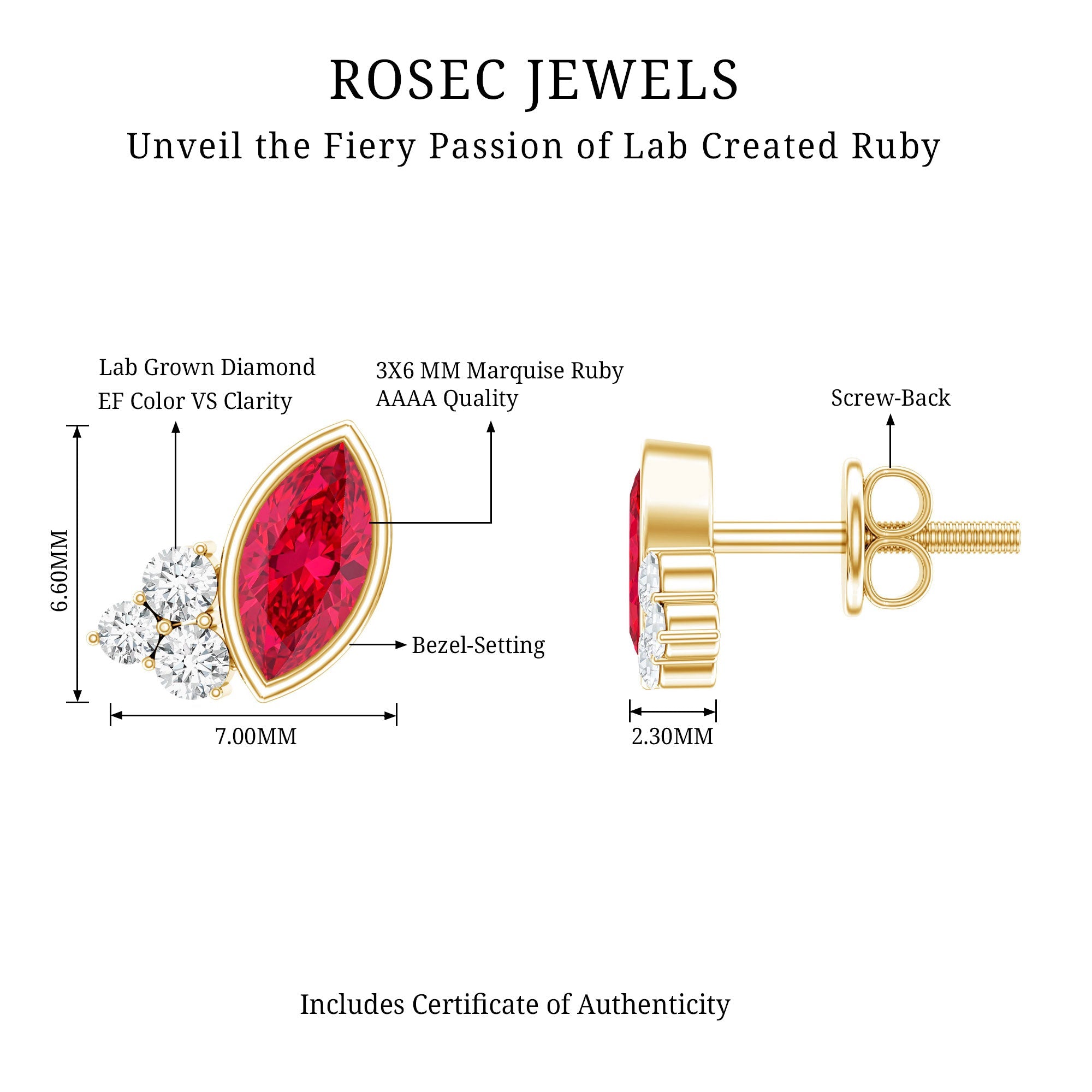 Pendientes de plata con rubí de laboratorio talla marquesa y diamantes