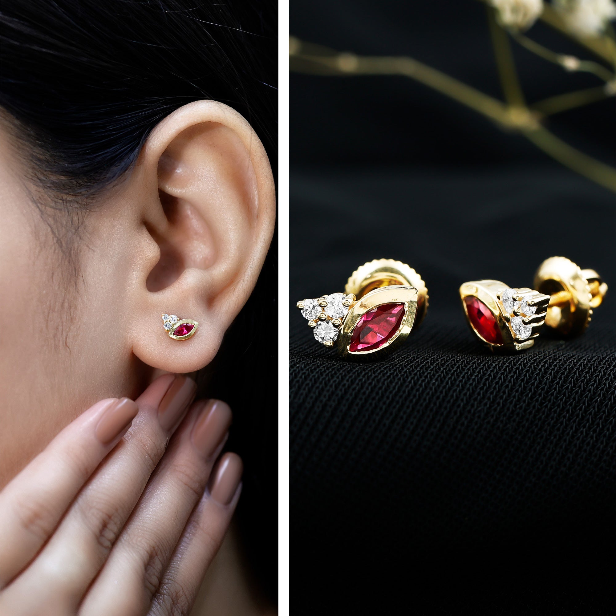 Marquise Cut Lab Grown Ruby and Diamond Stud Earrings in Silver