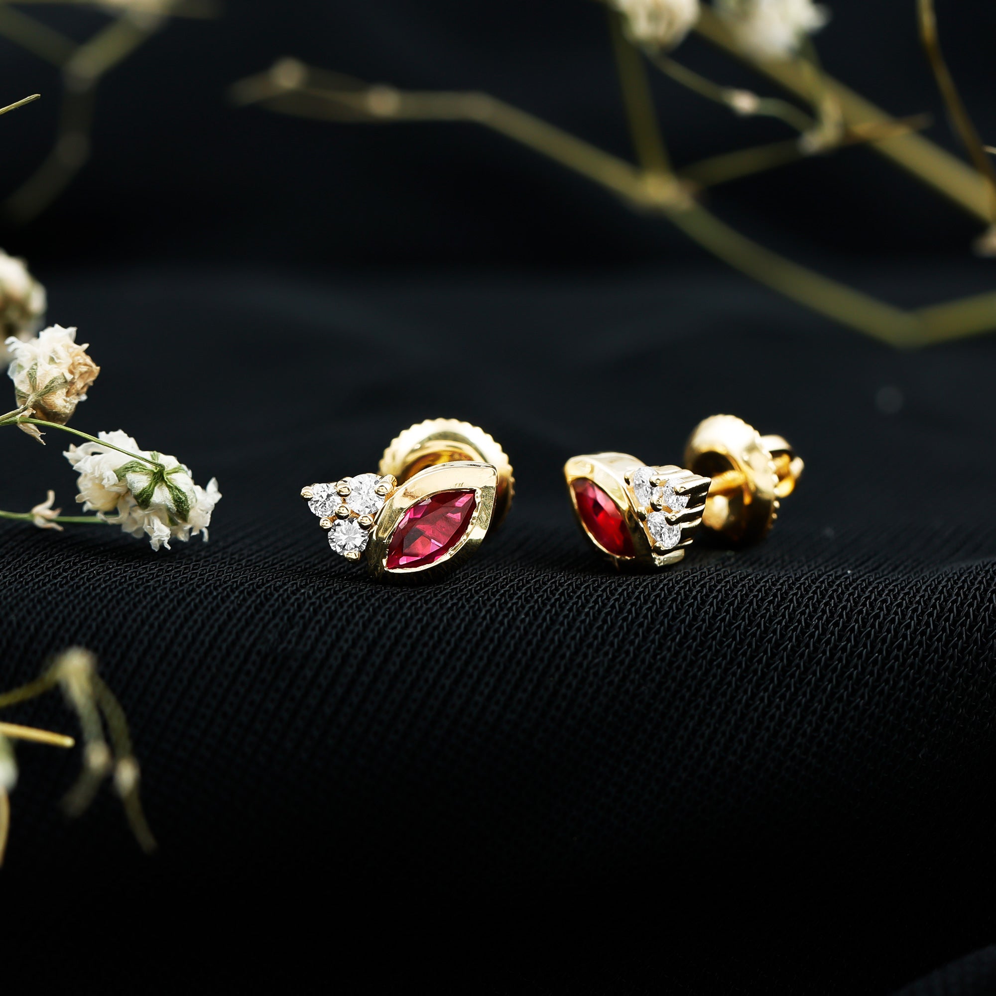 Marquise Cut Lab Grown Ruby and Diamond Stud Earrings in Silver