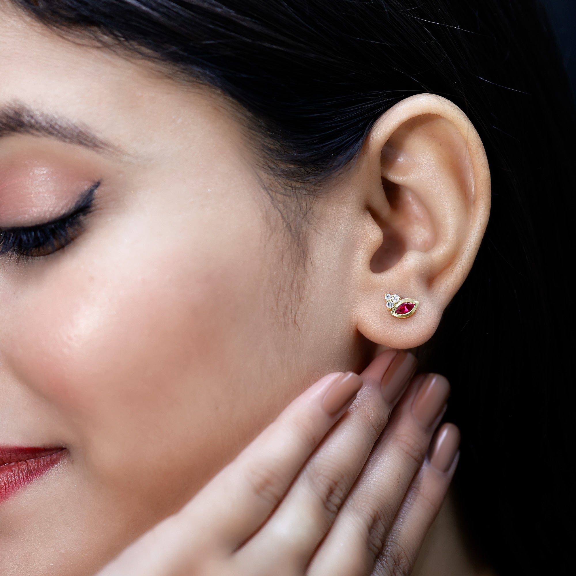 Marquise Cut Lab Grown Ruby and Diamond Stud Earrings in Silver