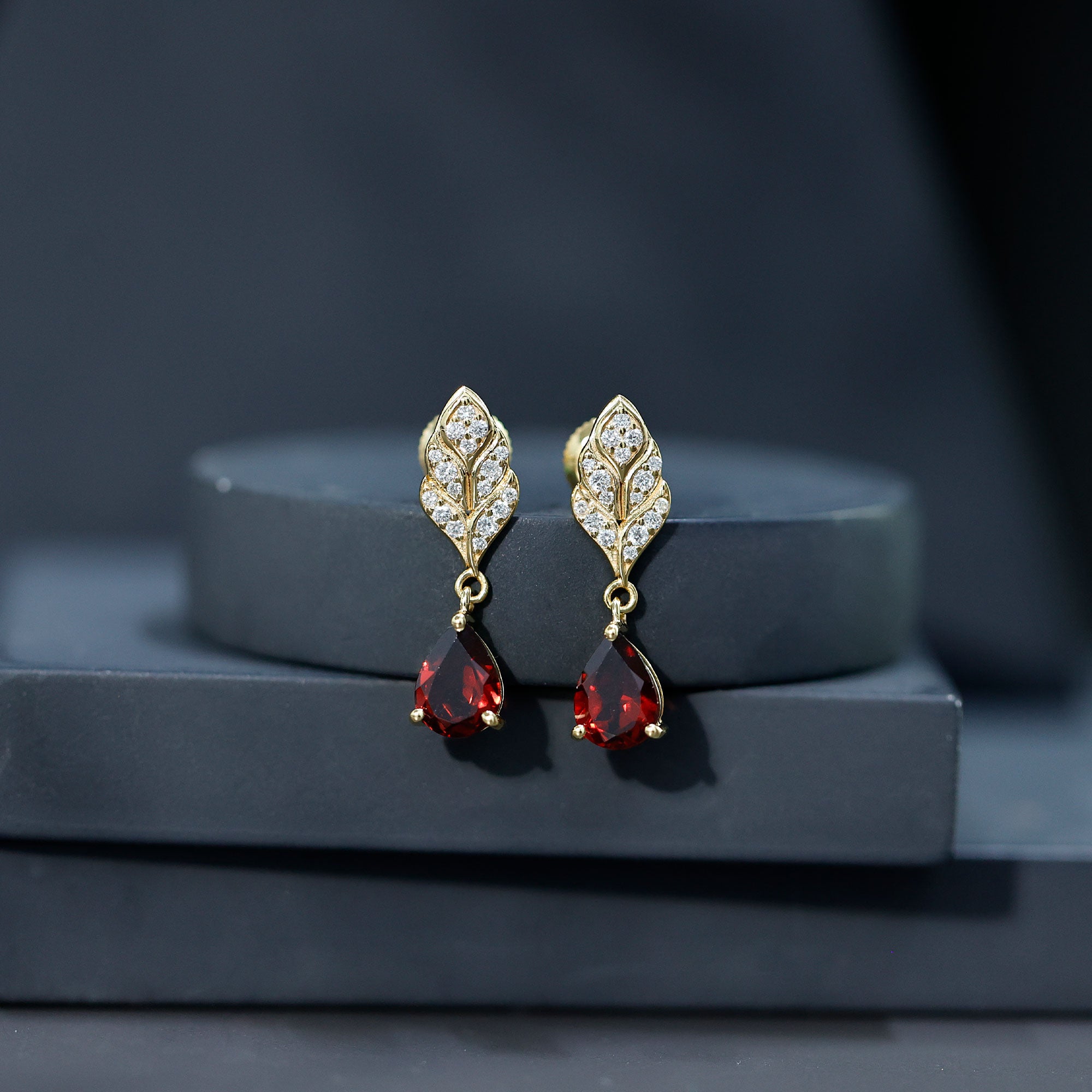 Genuine 3 Carat Garnet Teardrop Earrings with Diamond Leaf