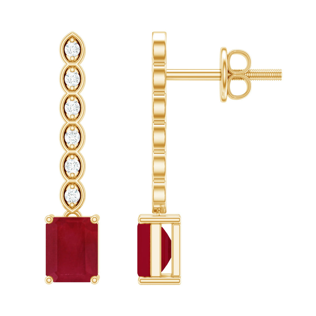 Emerald Cut Ruby and Diamond Dangle Drop Earrings