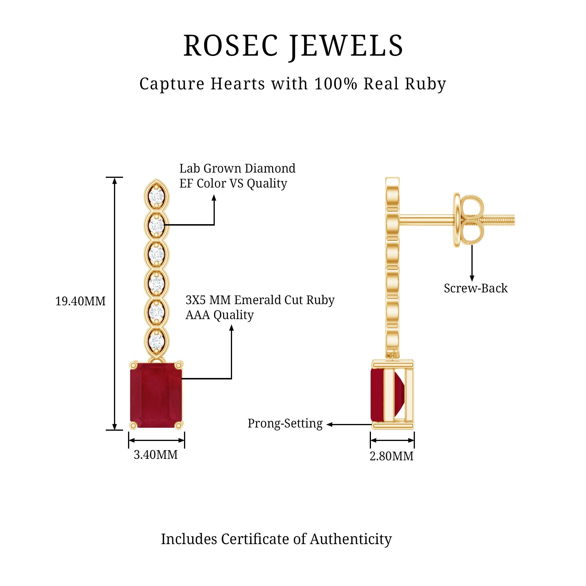 Emerald Cut Ruby and Diamond Dangle Drop Earrings