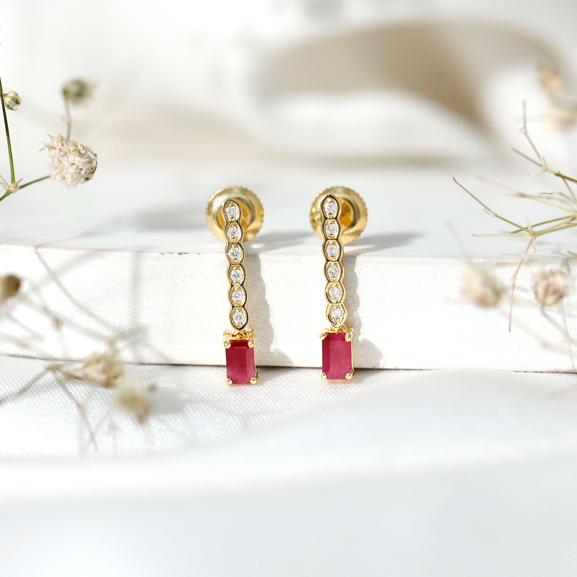 Emerald Cut Ruby and Diamond Dangle Drop Earrings