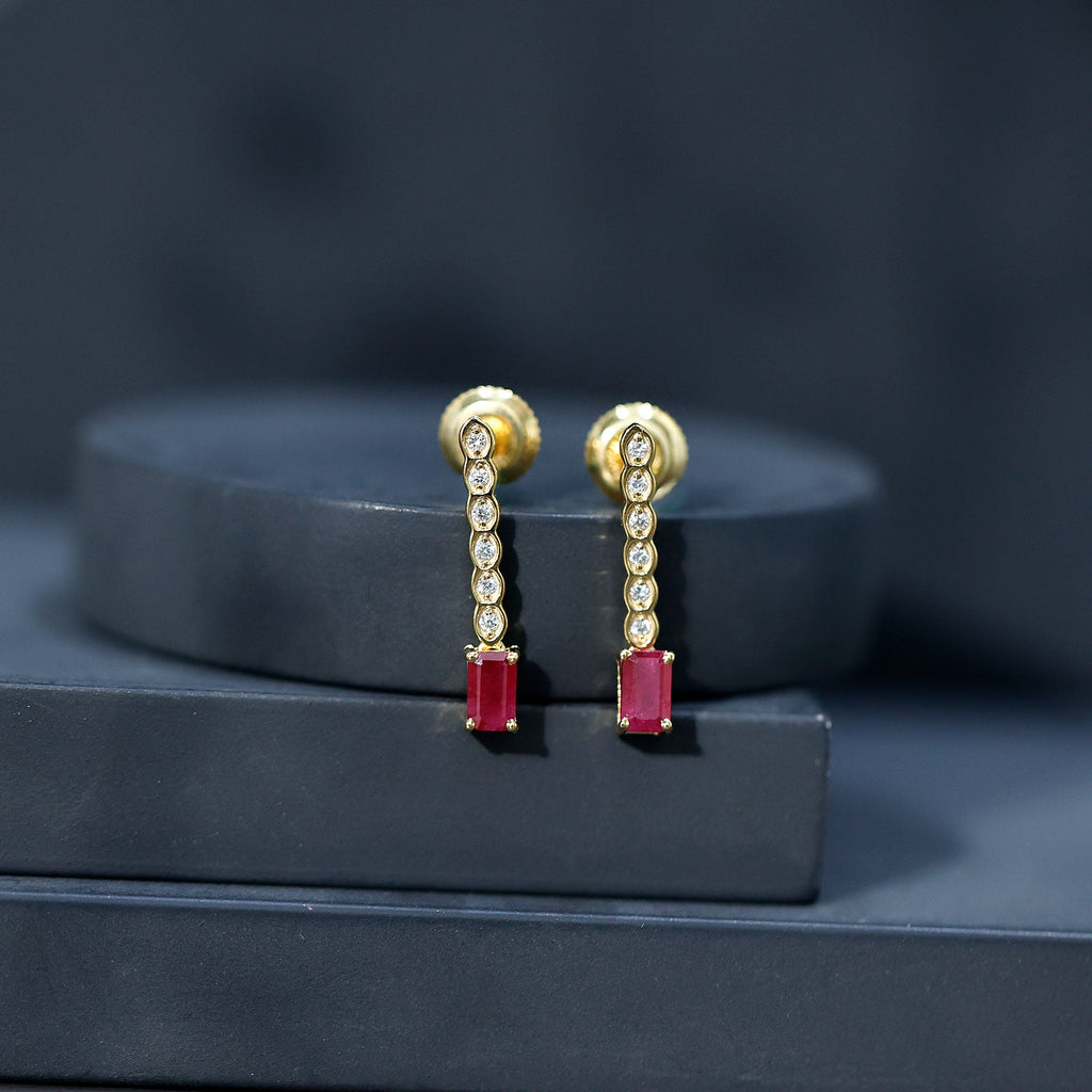 Emerald Cut Ruby and Diamond Dangle Drop Earrings