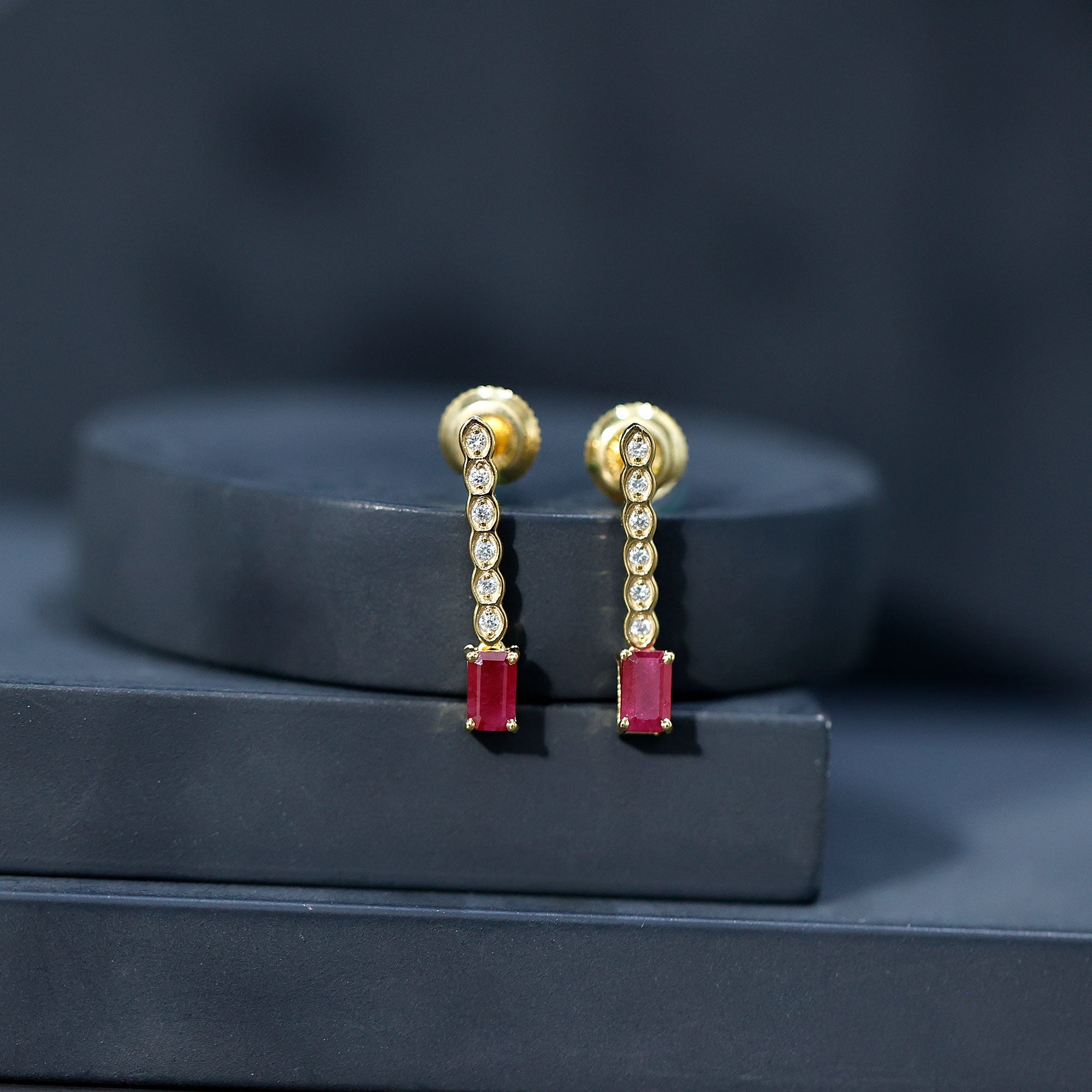 Emerald Cut Ruby and Diamond Dangle Drop Earrings