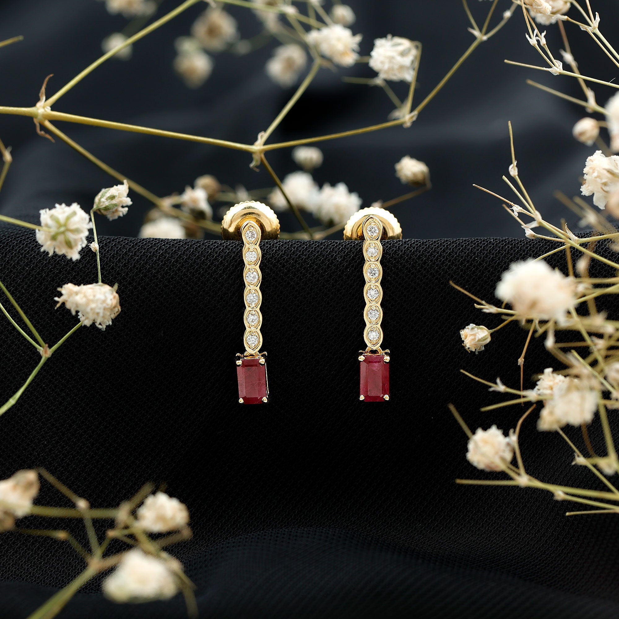 Emerald Cut Ruby and Diamond Dangle Drop Earrings