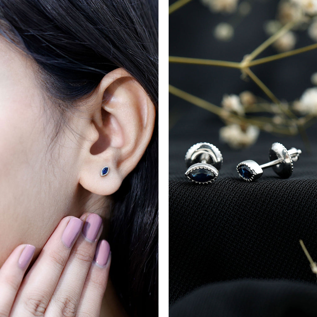 Pendientes de Zafiro Azul Natural de 0,3 Quilates con Corte Marquesa en Plata