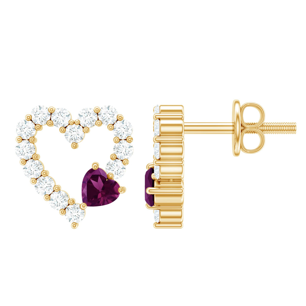 Pendientes de Botón de Corazón de Rodolita y Diamantes de Plata Esterlina