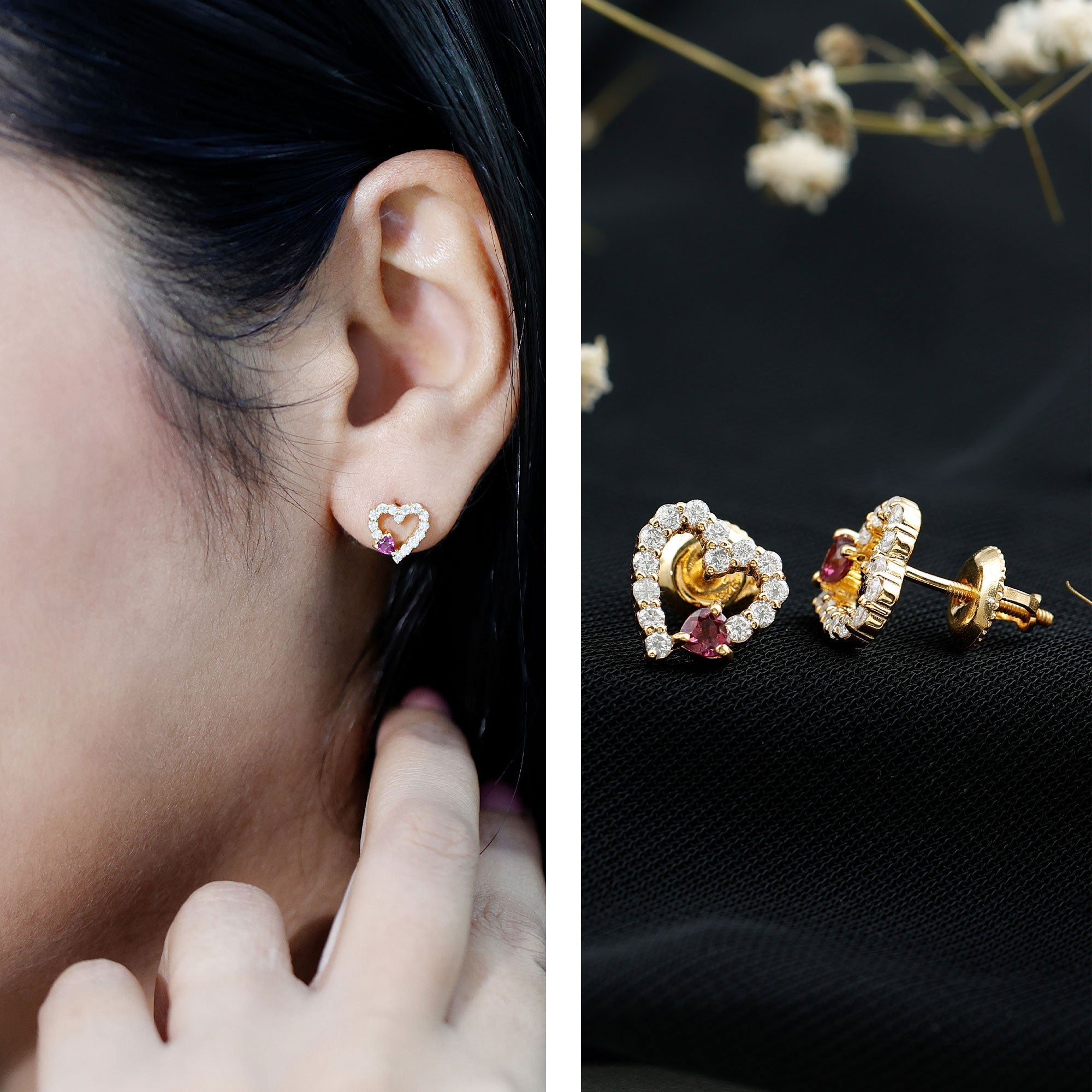 Pendientes de Botón de Corazón de Rodolita y Diamantes de Plata Esterlina
