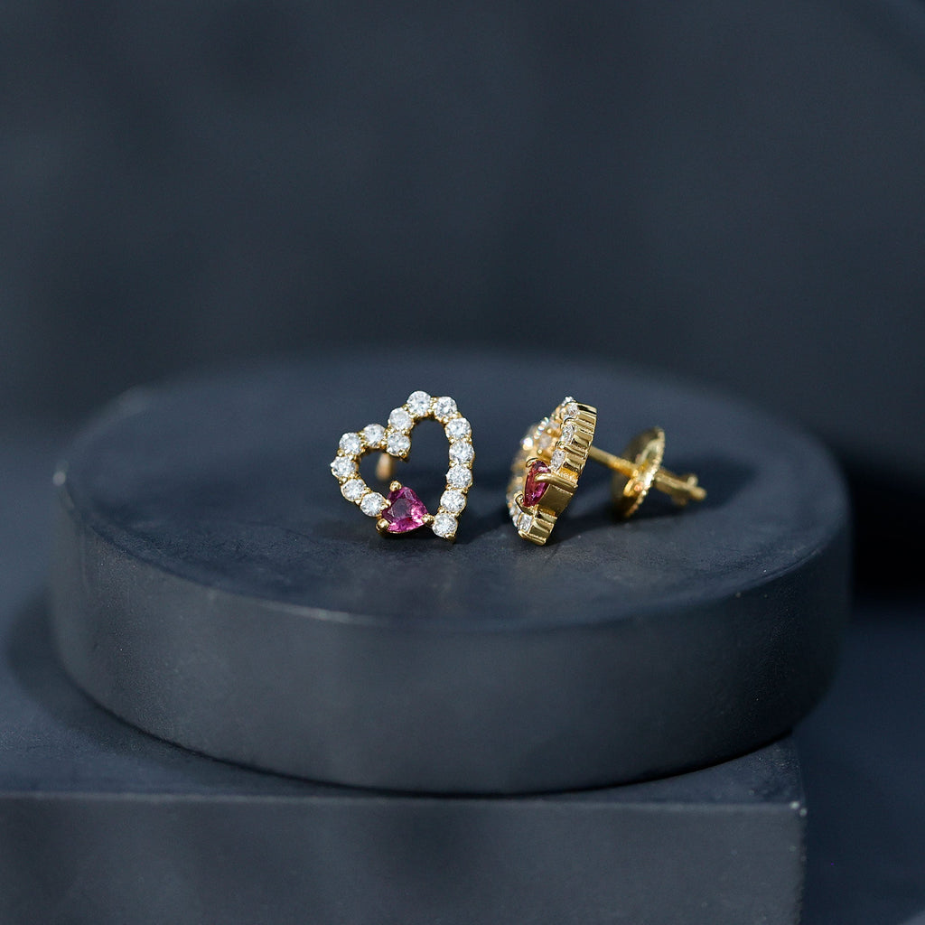 Pendientes de Botón de Corazón de Rodolita y Diamantes de Plata Esterlina