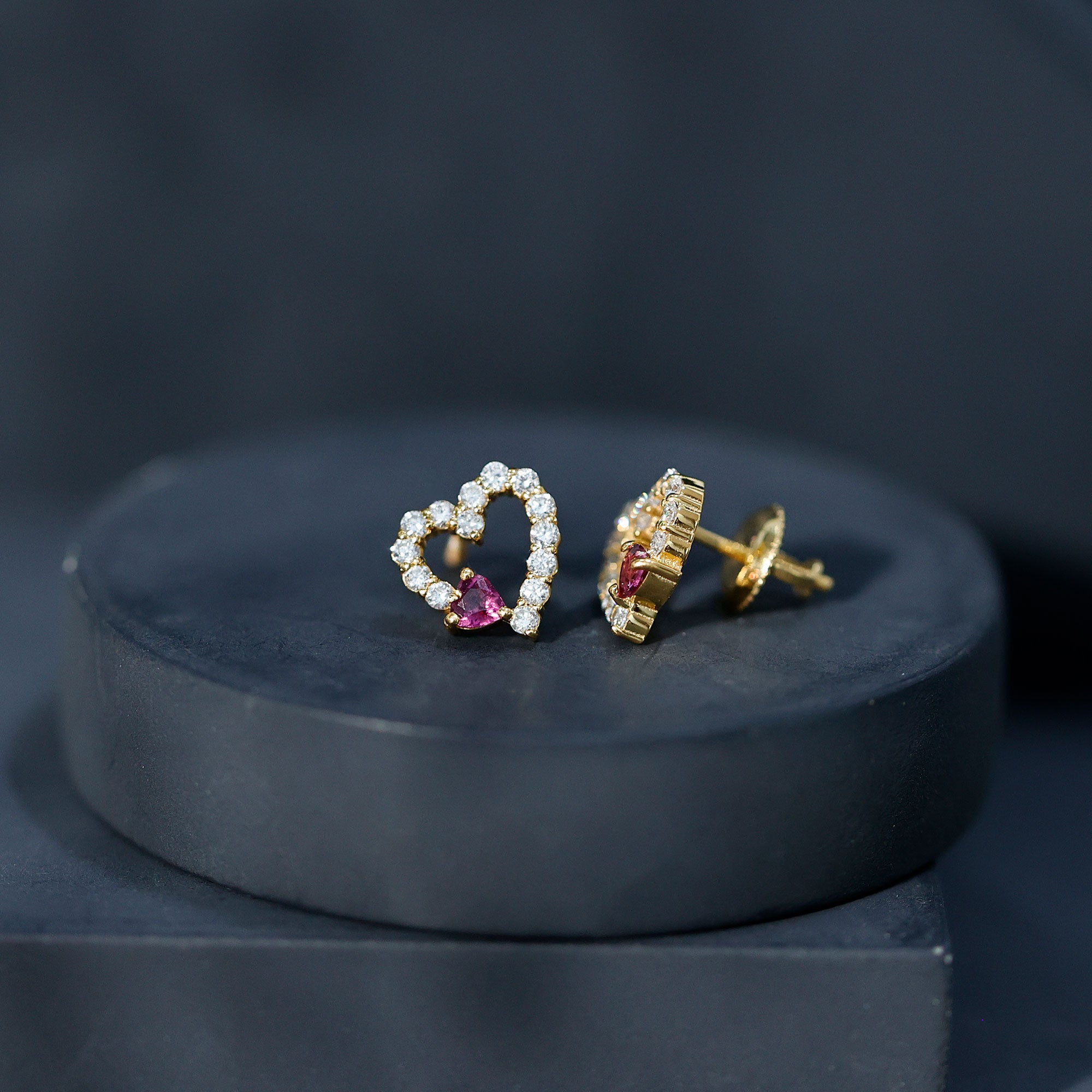 Pendientes de Botón de Corazón de Rodolita y Diamantes de Plata Esterlina