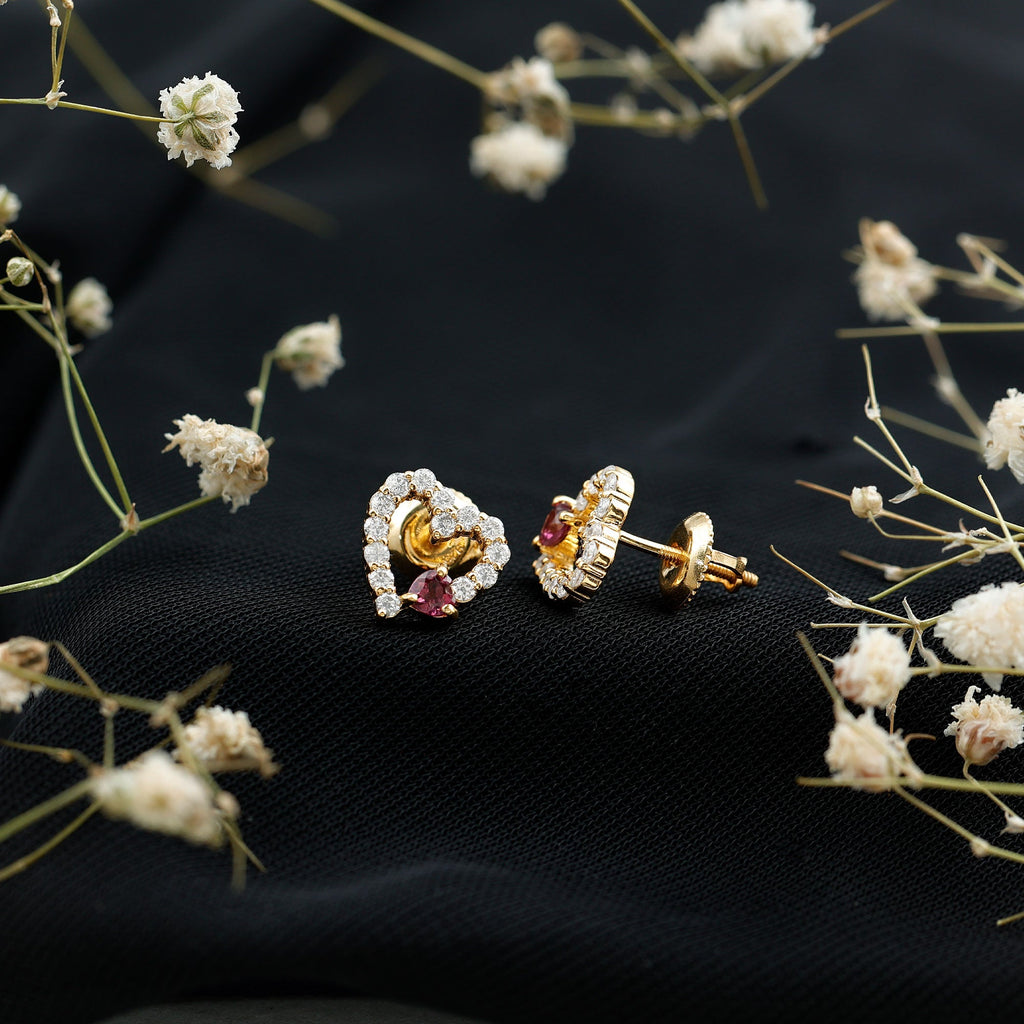 Pendientes de Botón de Corazón de Rodolita y Diamantes de Plata Esterlina