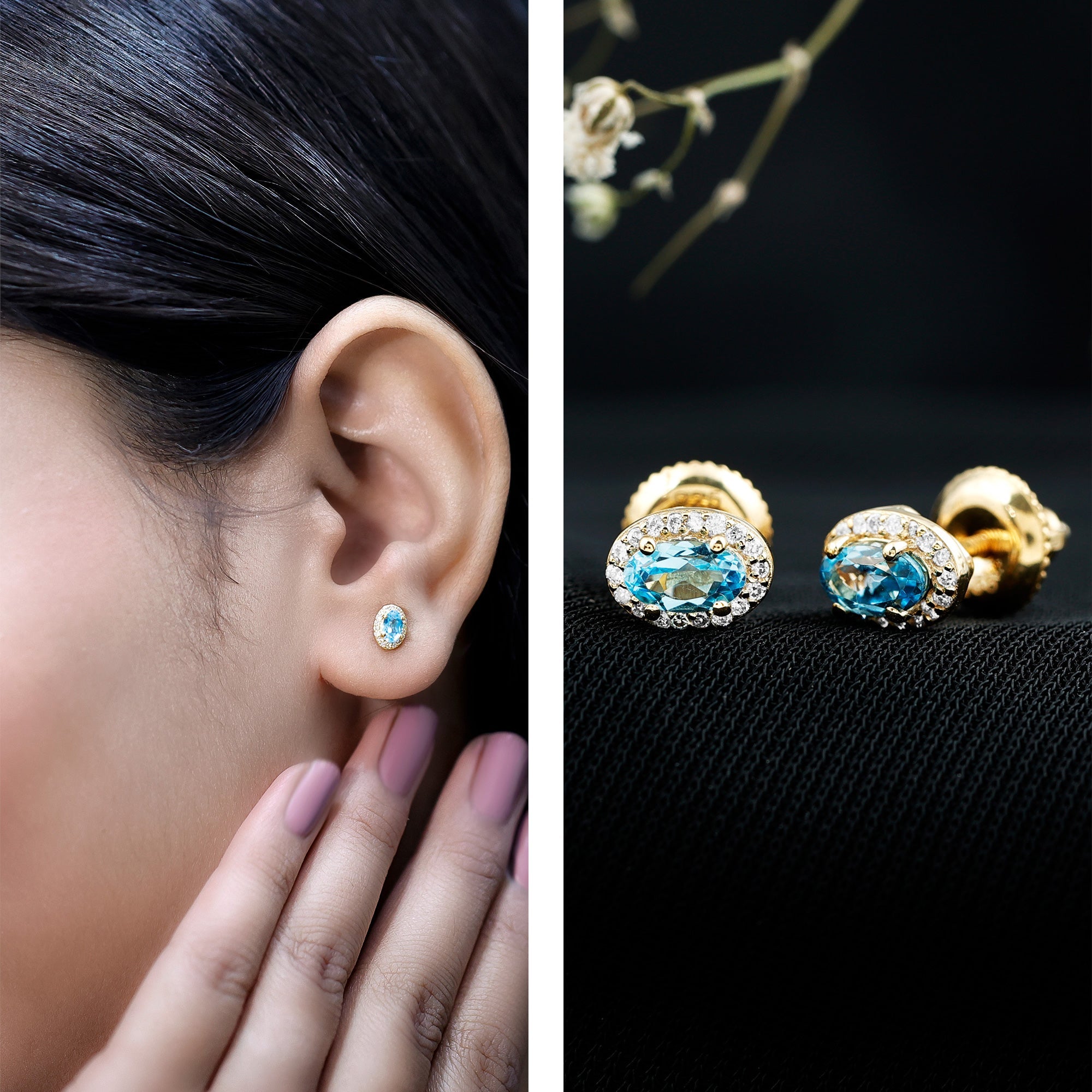 Natural Swiss Blue Topaz Stud Earrings with Diamond Halo