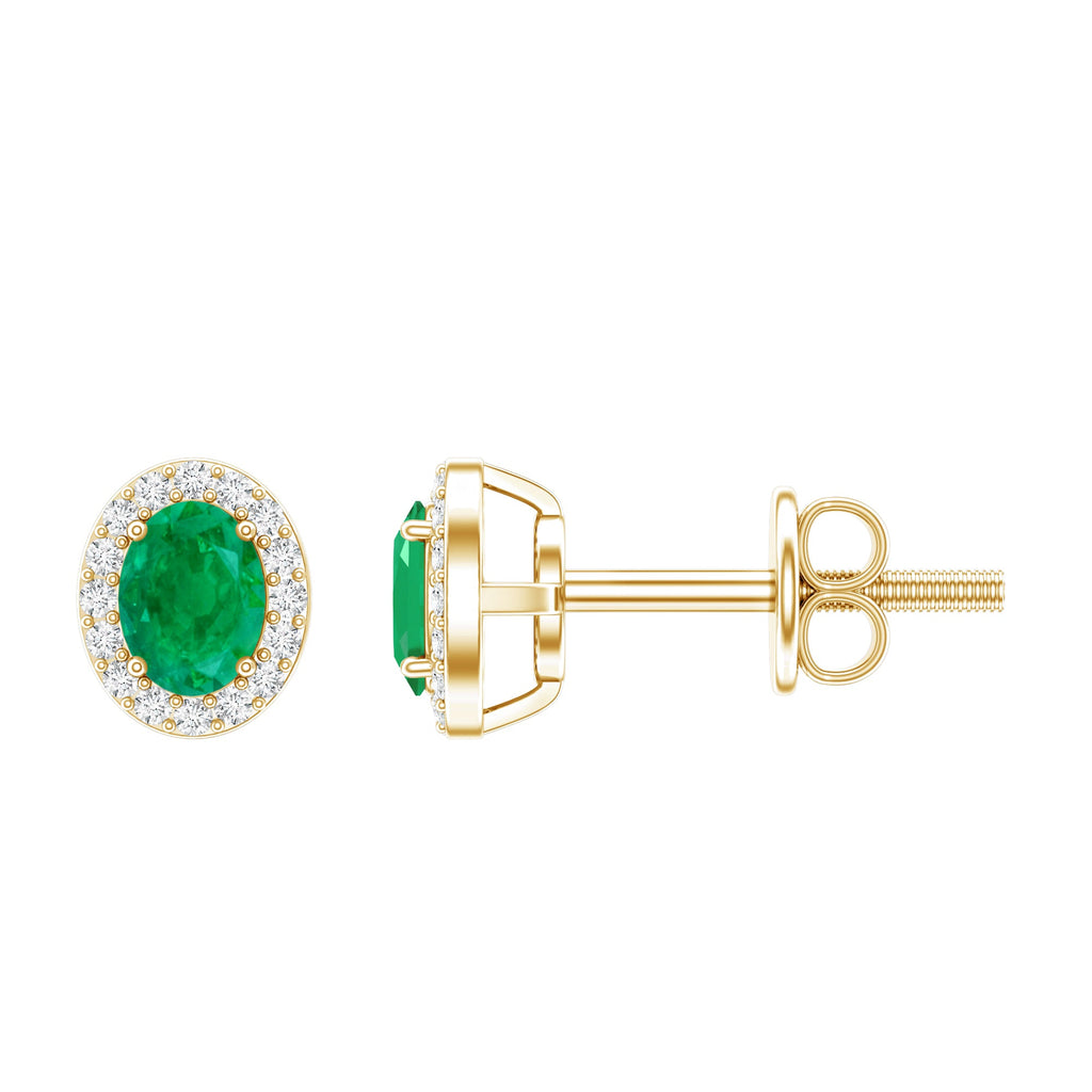 Genuine Emerald Stud Earrings with Diamond Halo