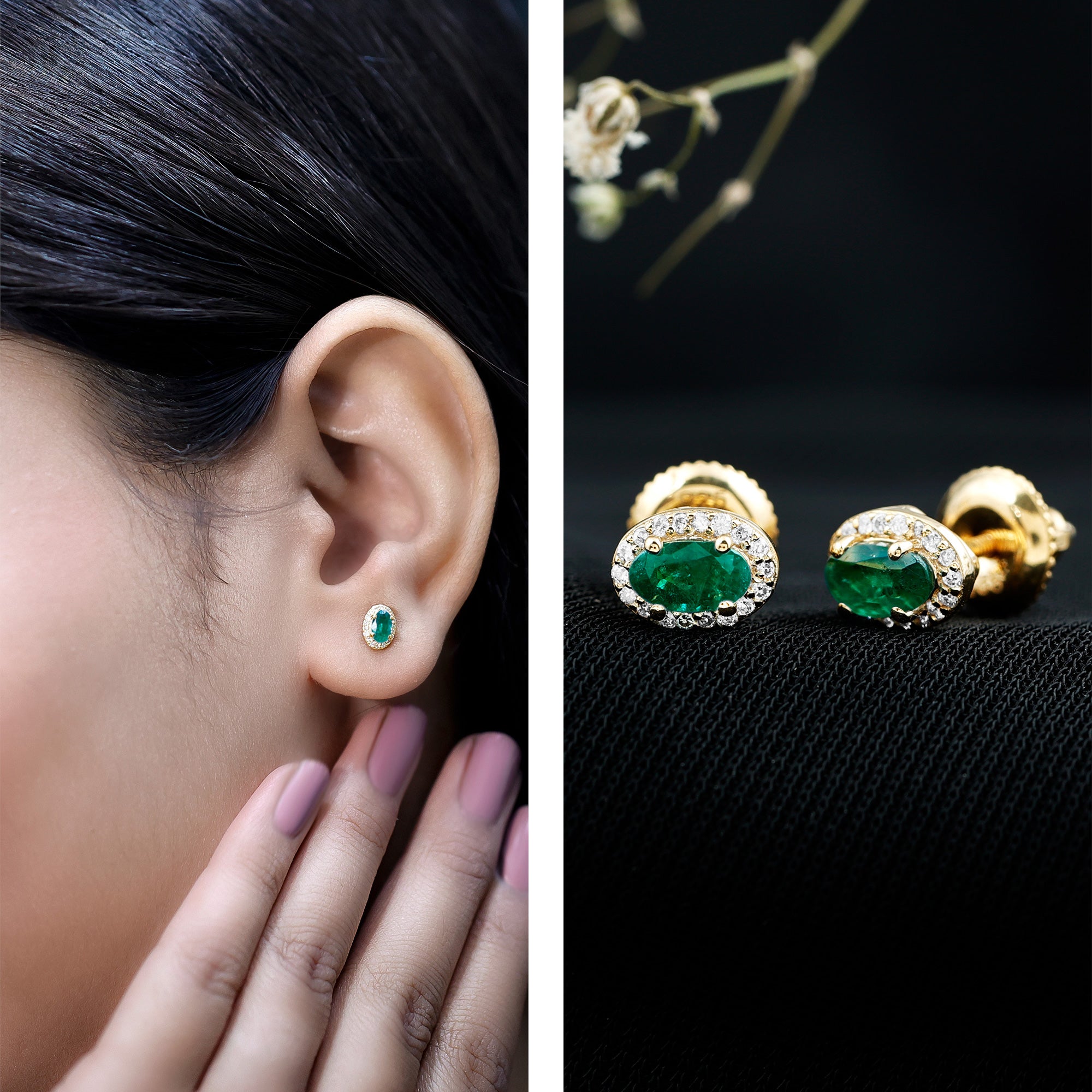 Genuine Emerald Stud Earrings with Diamond Halo