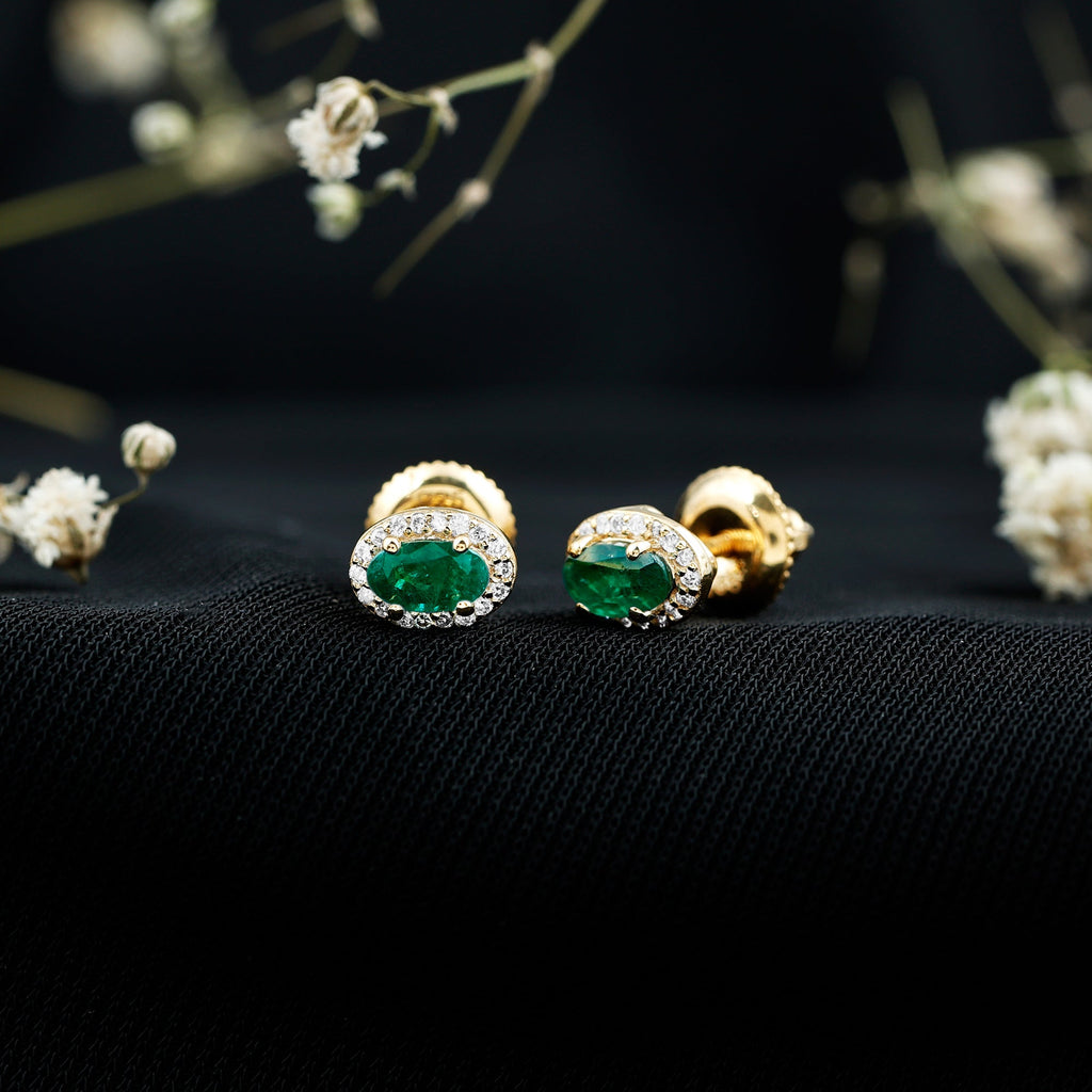 Genuine Emerald Stud Earrings with Diamond Halo