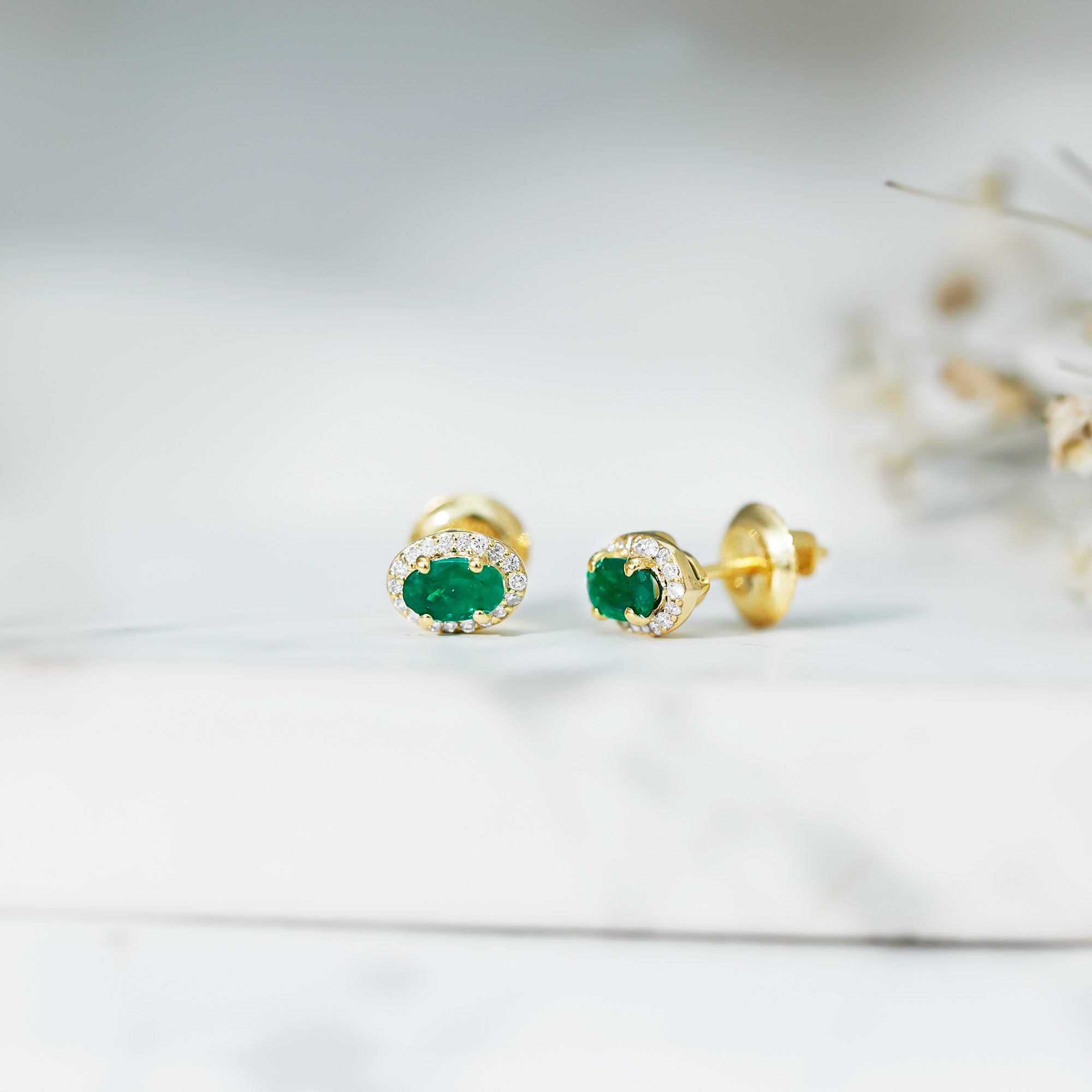Genuine Emerald Stud Earrings with Diamond Halo
