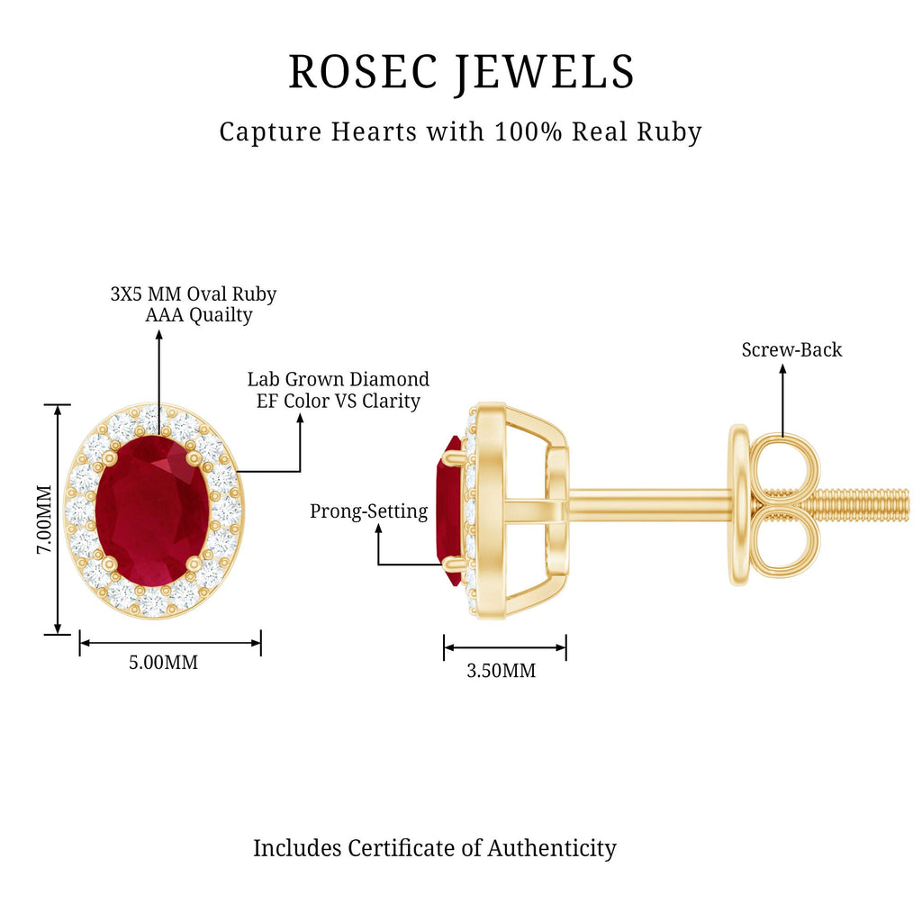 Genuine Ruby Stud Earrings with Lab Diamond Halo