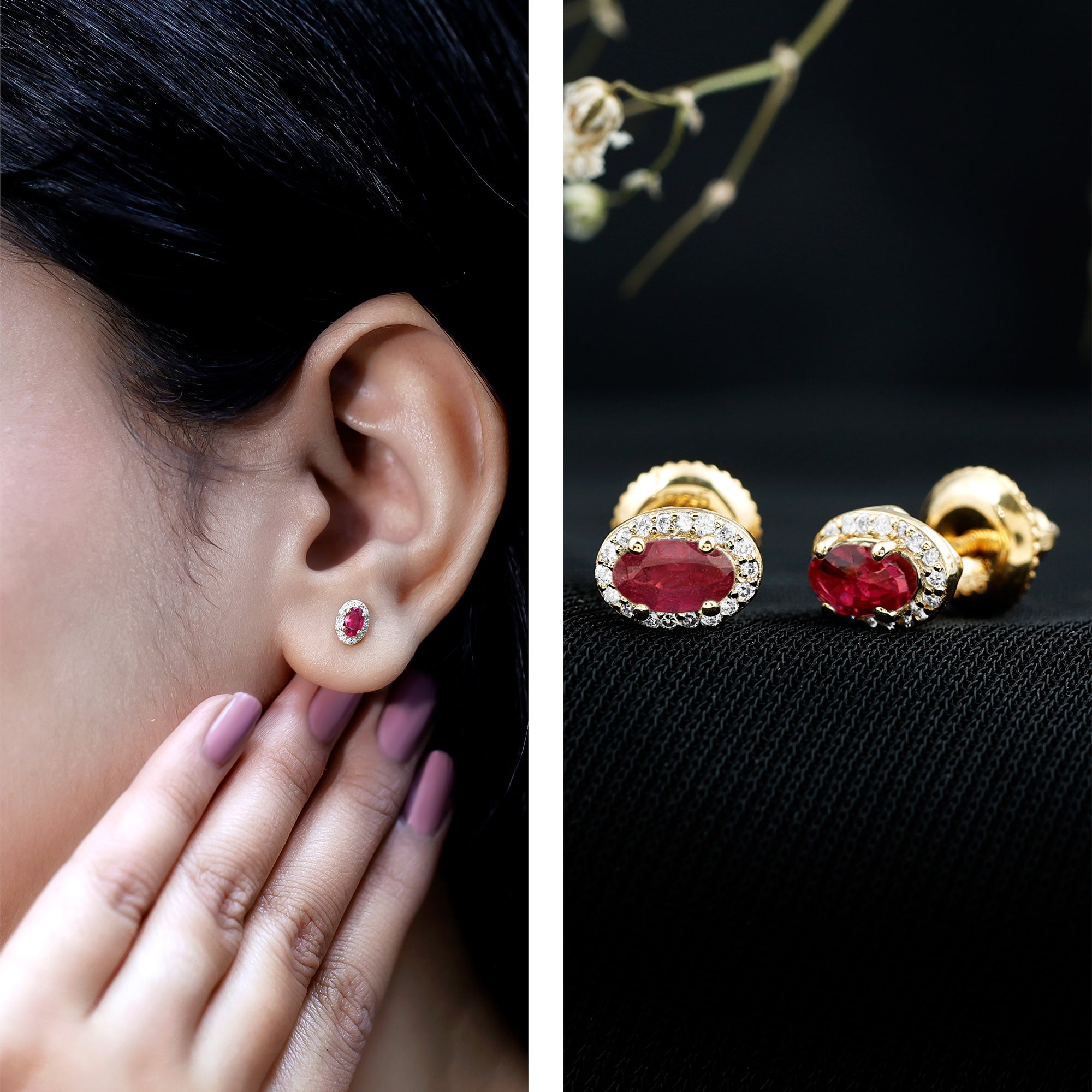 Genuine Ruby Stud Earrings with Lab Diamond Halo