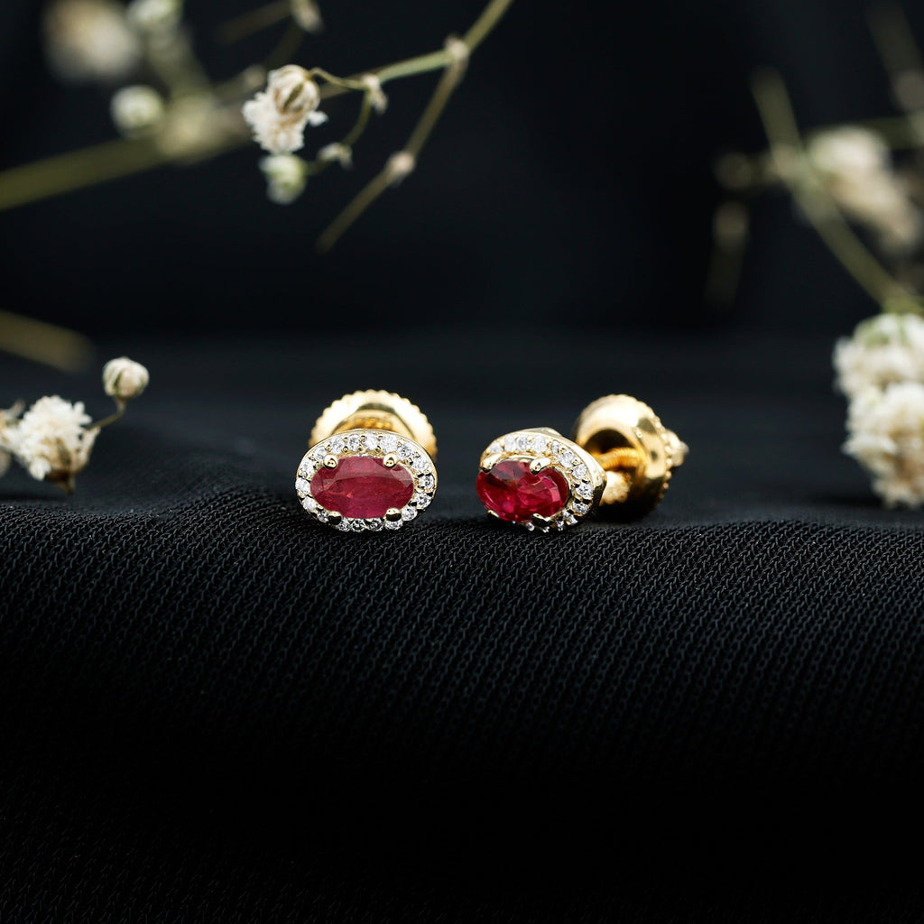 Genuine Ruby Stud Earrings with Lab Diamond Halo