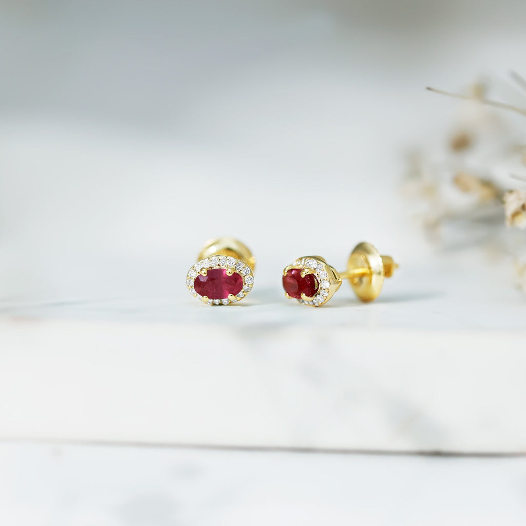 Genuine Ruby Stud Earrings with Lab Diamond Halo