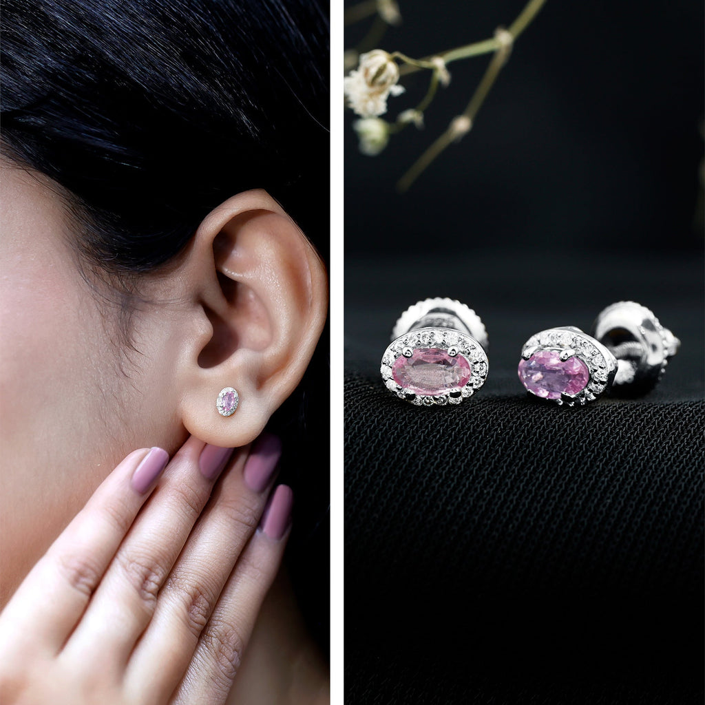 Natural Pink Sapphire Stud Earrings With Diamonds